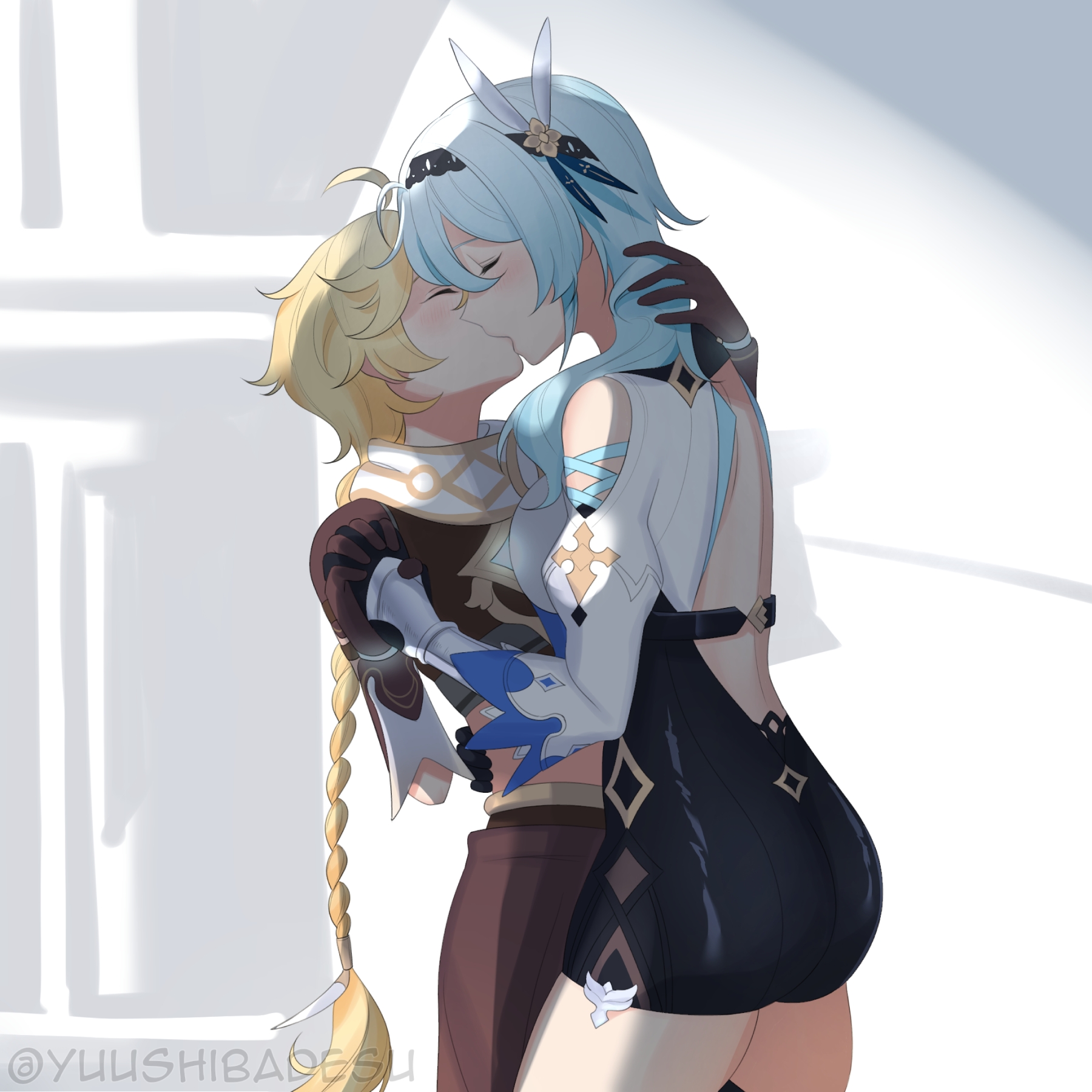 1boy, 1girls, aether (genshin impact), age difference, ass, before sex, big ass, blonde hair, blue hair, braid, breasts, eula (genshin impact), female, genshin impact, gloves, holding, holding hands, kissing, long hair, male, mihoyo, short hair, taller female, thighs, wholesome, yuushiba