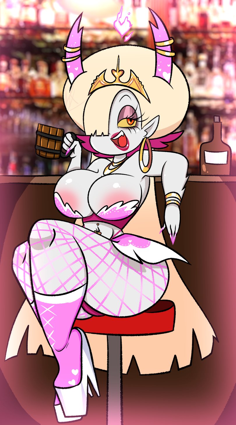 1girls beer_bottle beer_mug big_breasts bimbo bimbopoo blonde blonde_hair bracelet collar drink eyelashes female female_focus female_only fishnet_legwear hair_over_one_eye hekapoo high_heels humanoid long_hair navel_piercing pink_nail_polish pink_nails pixelzsinful pub sitting star_vs_the_forces_of_evil white_skin yellow_sclera