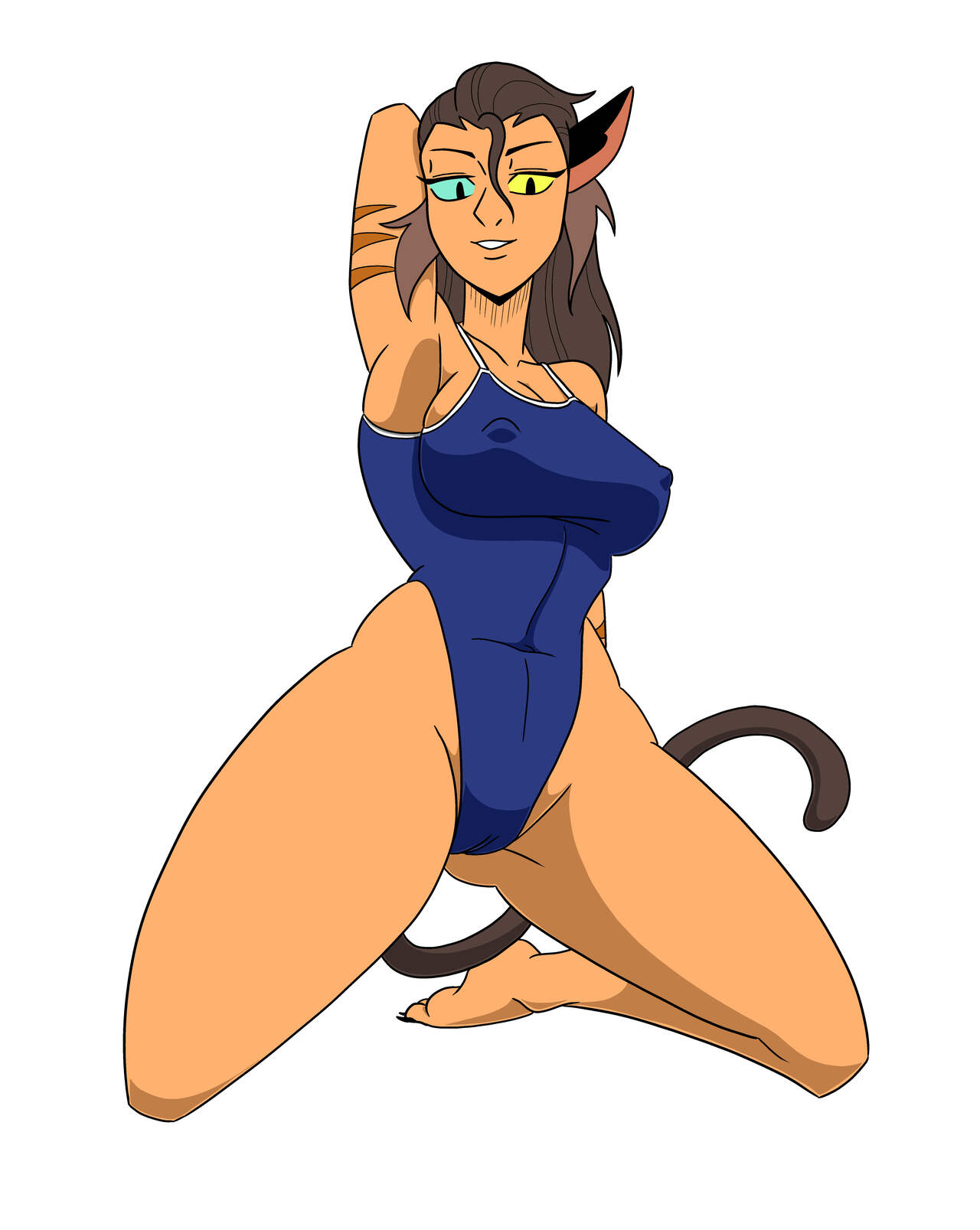 1girls 2020s 2022 armpits arms_behind_back blue_eyes blue_swimsuit breasts brown_hair brown_tail cameltoe cat_ears cat_tail catgirl catra competition_school_swimsuit competition_swimsuit female female_focus female_only hand_behind_head heterochromia large_breasts long_hair looking_at_viewer nipples nipples_visible_through_clothing one-piece_swimsuit presenting seductive seductive_smile she-ra_and_the_princesses_of_power sideboob simple_background smile solo solo_female straight_hair sukumizu swimsuit tail thathornybastard thick_thighs white_background yellow_eyes