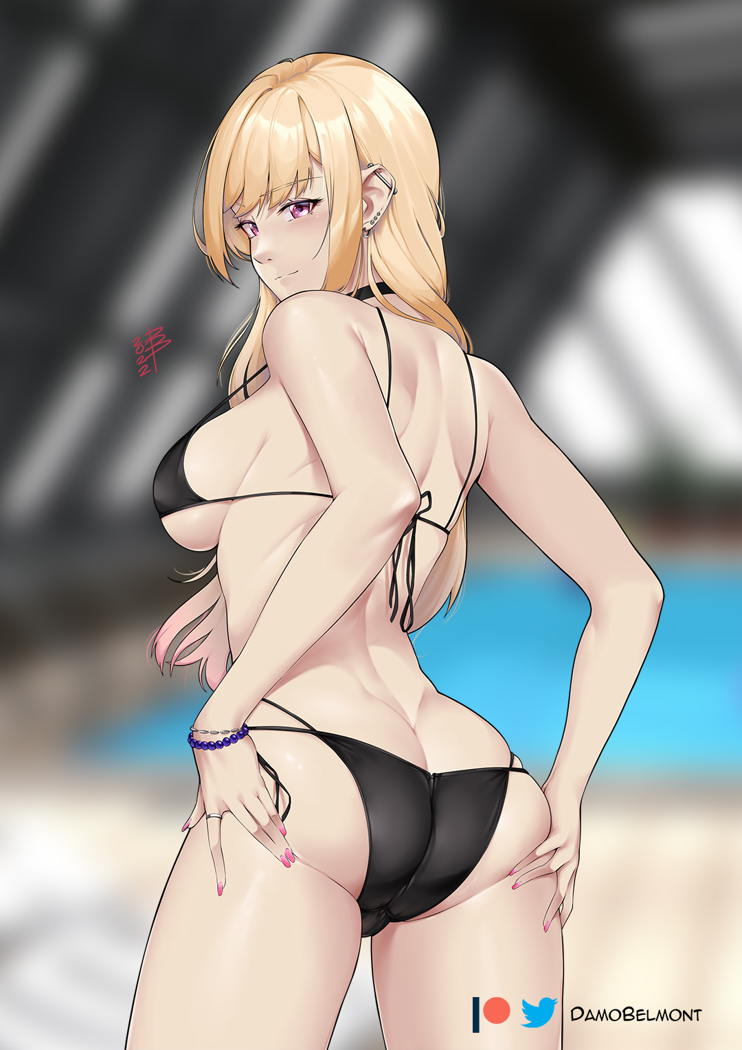 ass, blonde hair, bracelet, breasts, choker, damodar, female, fringe, gyaru, kitagawa marin, long fingernails, long hair, pink eyes, presenting ass, red eyes, red hair, sideboob, solo, sono bisque doll wa koi wo suru, tagme, that pool, two-tone hair