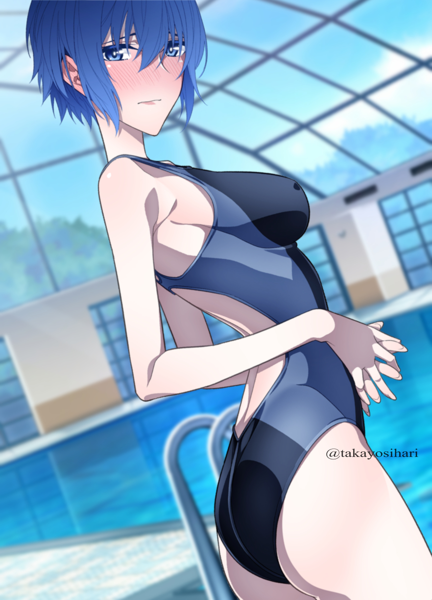 alternate costume, ass, atlus, blue eyes, blue hair, breasts, female, one-piece swimsuit, persona, persona 4, shirogane naoto, sideboob, solo, swimming pool, swimsuit, tagme, takayoshiari