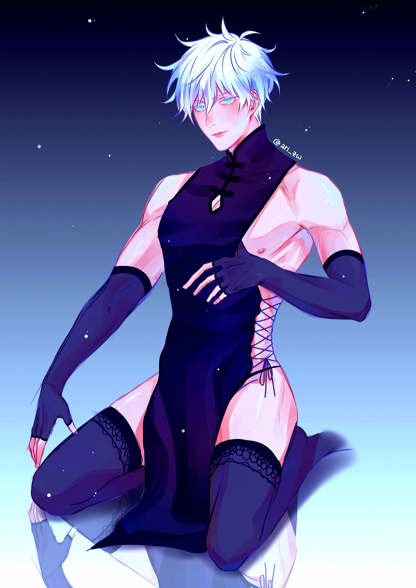 1boy, ambush (trap), bishonen, clothed, crossdressing, crossdressing male, femboy, feminine male, gay, girly, jujutsu kaisen, light skin, light-skinned male, looking at viewer, male, male focus, male only, pale skin, pale-skinned male, pink lips, pretty boy, purple background, satoru gojo, sissy, white hair, yaoi