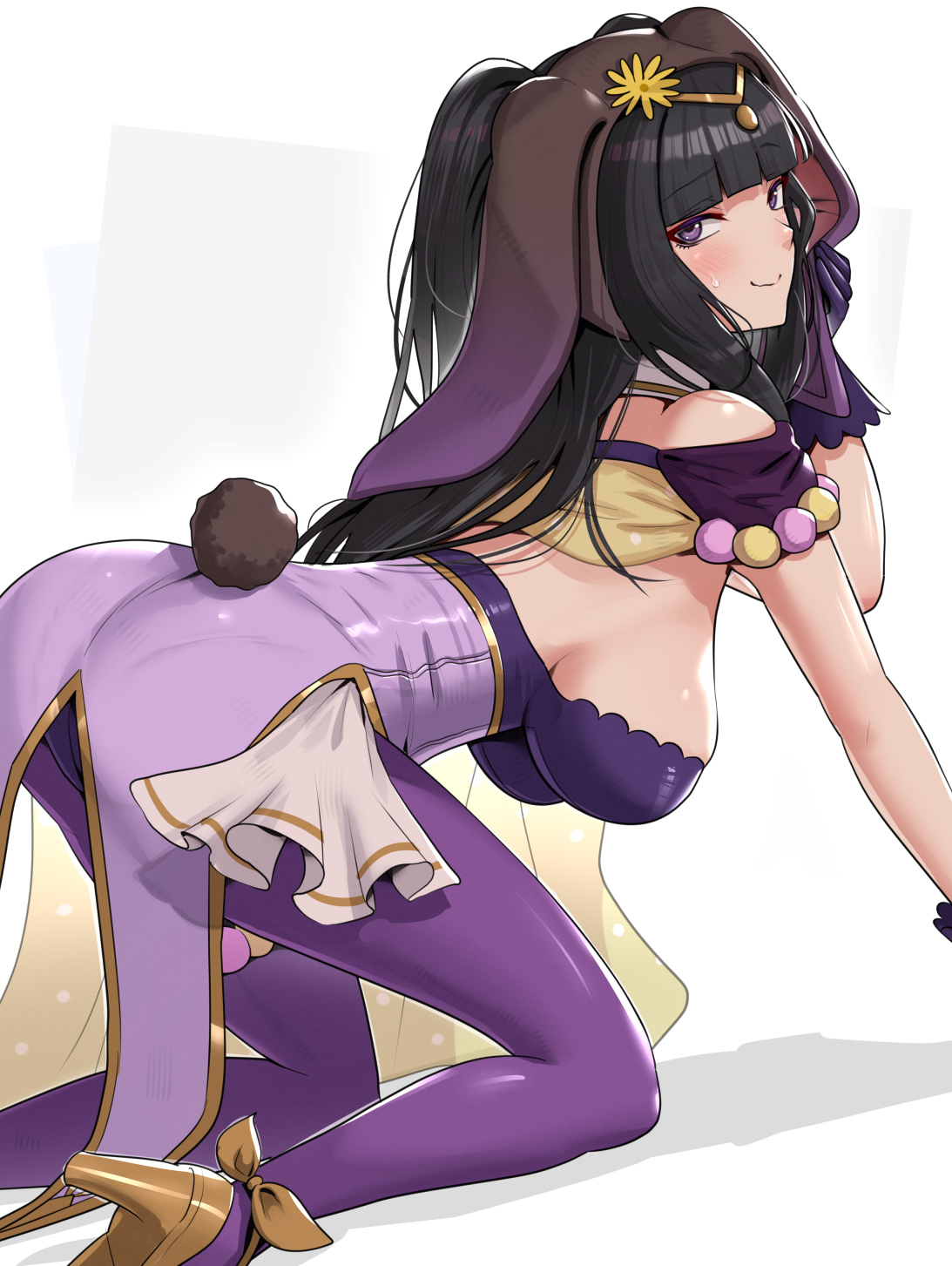 1girls, alternate costume, animal ears, ass, bare shoulders, black hair, blush, breasts, bunny ears, bunny girl, bunnysuit, detached collar, embarrassed, fake animal ears, fake tail, female, female only, fire emblem, fire emblem awakening, fire emblem heroes, gonzarez, high heels, highres, large breasts, leotard, looking at viewer, nervous, nervous smile, nintendo, official alternate costume, pantyhose, playboy bunny, purple eyes, purple legwear, purple leotard, rabbit ears, rabbit tail, sideboob, simple background, solo, strapless, strapless leotard, sweat, sweatdrop, tail, tharja (fire emblem), wavy mouth, white background