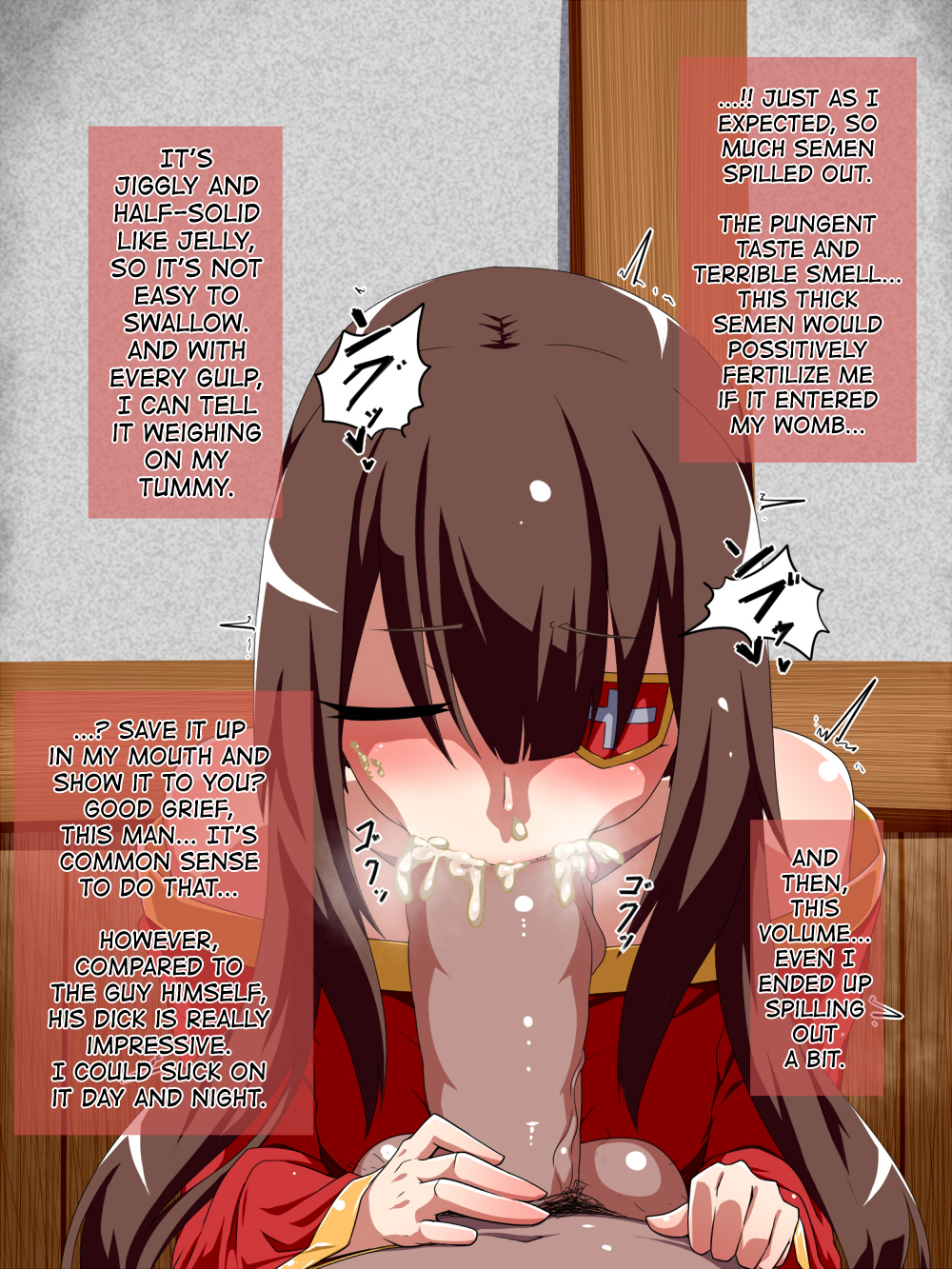 1boy, 1girls, bare shoulders, big penis, blush, brown hair, closed eyes, cum, cum in mouth, dark skin, dark-skinned male, dialogue, eyepatch, fellatio, female, flat chest, highres, hypnosis, interracial, kiwata, kono subarashii sekai ni shukufuku wo!, licking penis, light skin, light-skinned female, male, megumin, mind control, penis, pov, red eyes, smegma, smegma on face, smell, translated, unaware