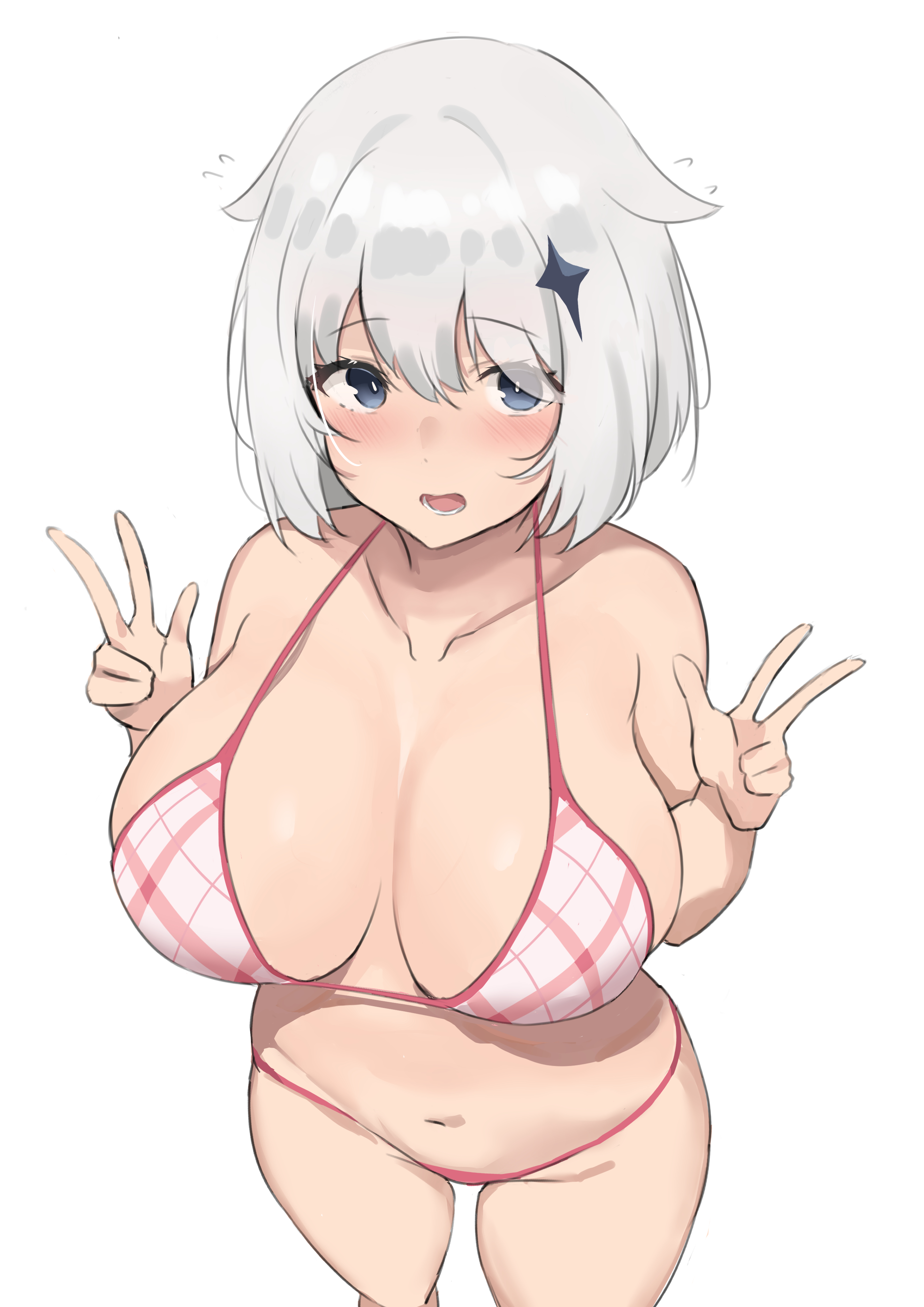 absurdres, alternate breast size, bare shoulders, bikini, blue eyes, blush, breasts, double v, female, genshin impact, highres, large breasts, looking at viewer, navel, ndrw7522, older, open mouth, paimon (genshin impact), pink bikini, short hair, simple background, swimsuit, v, white background, white hair