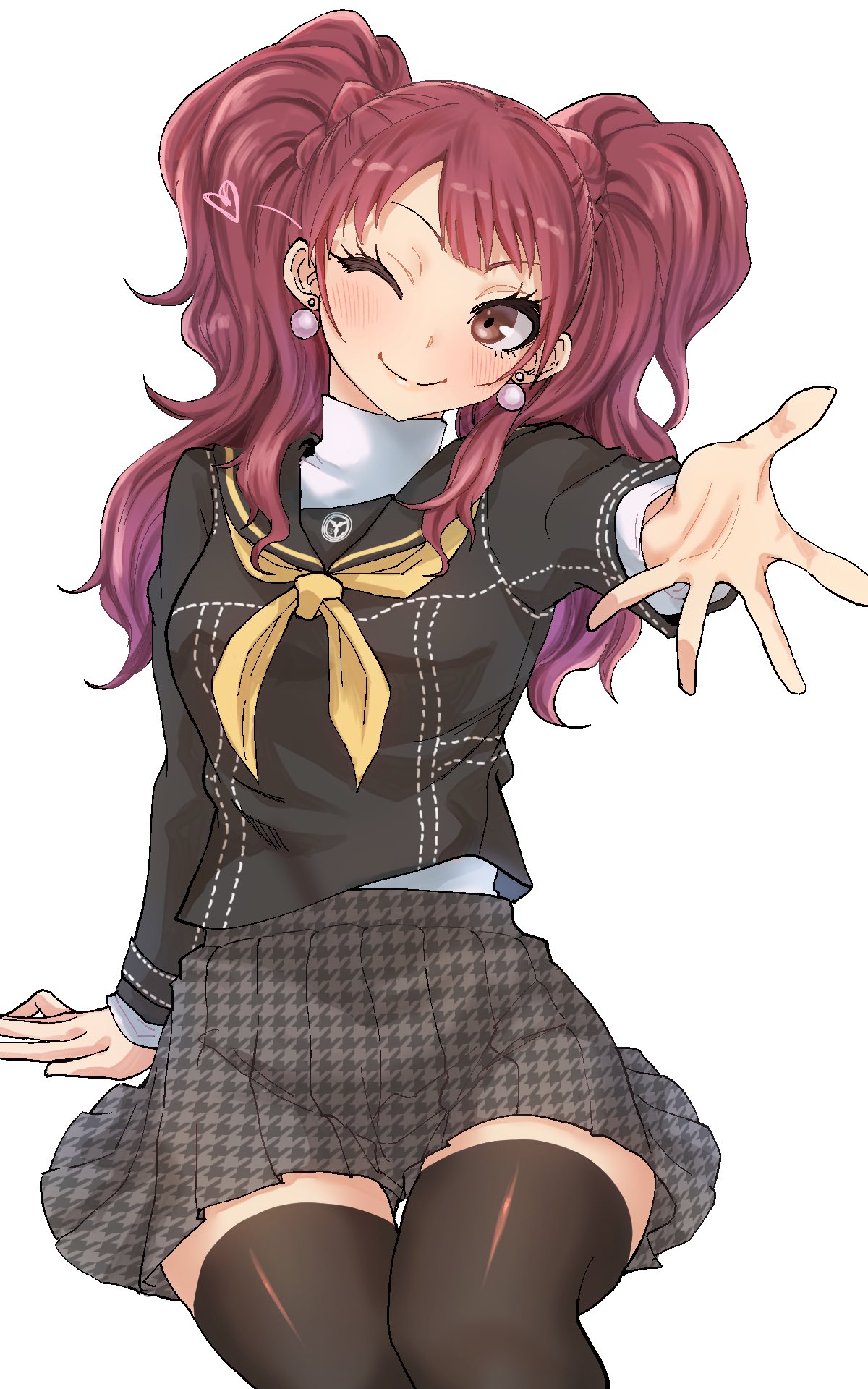 black_clothing blush blush_lines cute cute_face earrings heart kujikawa_rise kurosususu leggings no_sex persona persona_4 red_hair school_uniform schoolgirl schoolgirl_uniform sfw shin_megami_tensei sitting skirt teenage_girl teenager thigh_highs twin twintails wink winking young