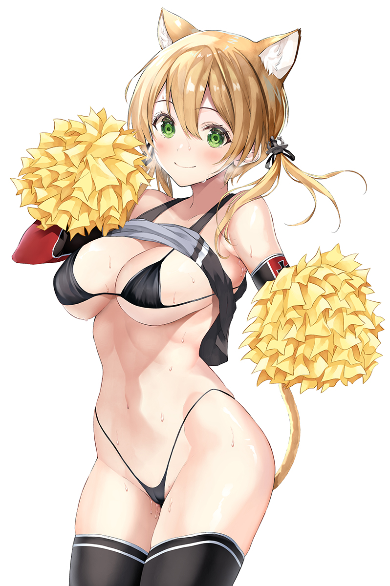 adapted_costume animal_ear_fluff animal_ears bikini black_bikini black_legwear blonde_hair blush breasts cameltoe cat_ears cat_tail cheering cheerleader closed_mouth clothes_lift collarbone cowboy_shot crop_top crop_top_overhang female green_eyes hair_between_eyes highres holding holding_pom_poms inuzumi_masaki kantai_collection large_breasts long_hair low_twintails micro_bikini navel pom_pom_(cheerleading) pom_poms prinz_eugen_(kantai_collection) shirt_lift simple_background smile solo stomach sweat swimsuit tail thighhighs twintails white_background