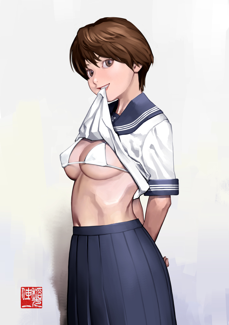 arms_behind_back bikini bikini_top_only bikini_under_clothes blue_sailor_collar blue_skirt breasts brown_eyes brown_hair cleavage clothes_lift covered_nipples female female grin inamitsu_shinji lifted_by_self lips long_skirt looking_at_viewer medium_breasts micro_bikini mouth_hold navel original pleated_skirt sailor_collar school_uniform serafuku shirt_in_mouth shirt_lift short_hair short_sleeves skirt sleeve_cuffs smile solo stomach swimsuit swimsuit_under_clothes teeth underboob