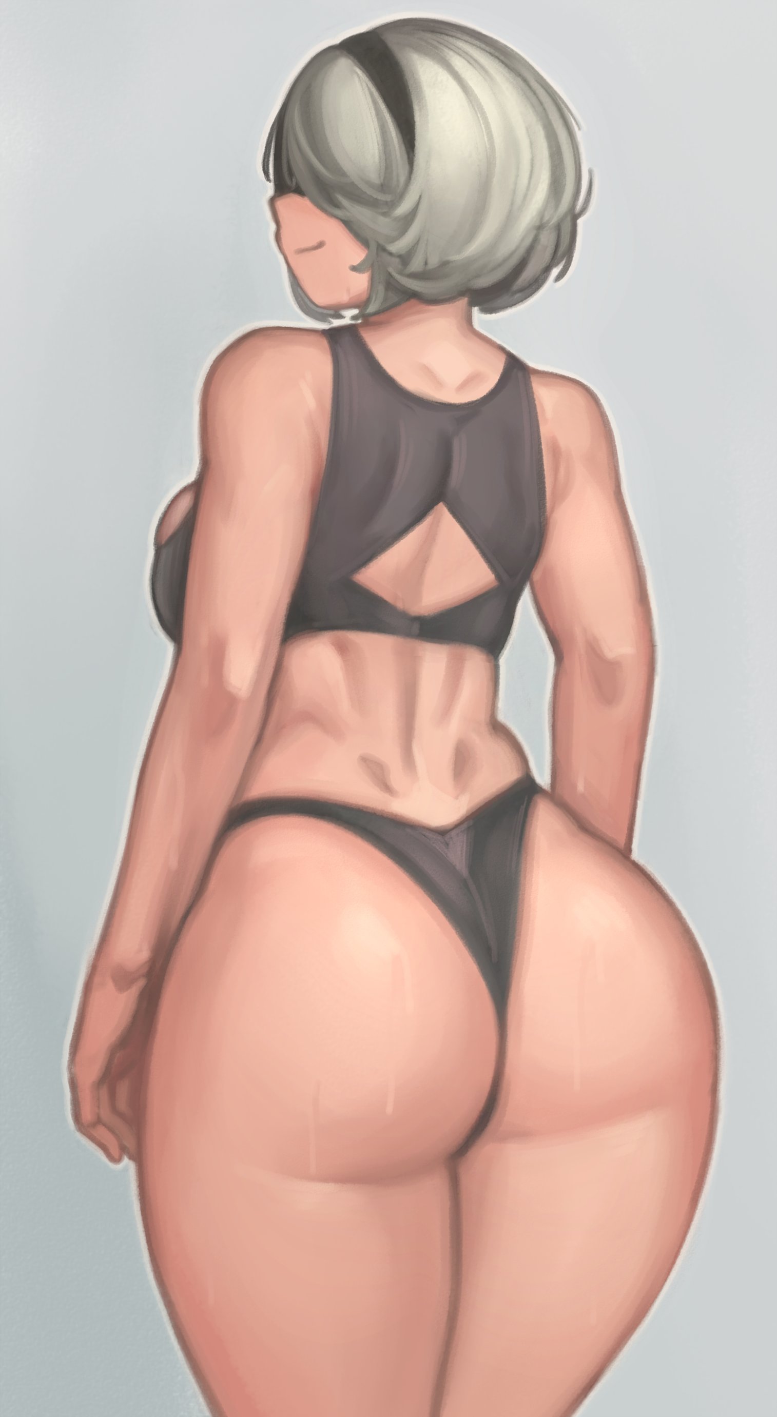 1girls, ass, big ass, big butt, blindfold, female, kelvin hiu, large ass, looking back, nier, nier: automata, short hair, simple background, smile, solo, solo female, white background, white hair, yorha 2b