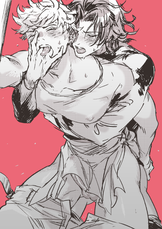 2boys blush bottomless closed_eyes clothes_removed cum cum_in_clothes cum_through_clothes granblue_fantasy greyscale hand_in_mouth kishiyama lancelot_(granblue_fantasy) large_pectorals male_focus monochrome multiple_boys nipples open_fly open_mouth pectorals penis precum red_background sweat testicles tongue tongue_out uncensored undressing vane_(granblue_fantasy) yaoi