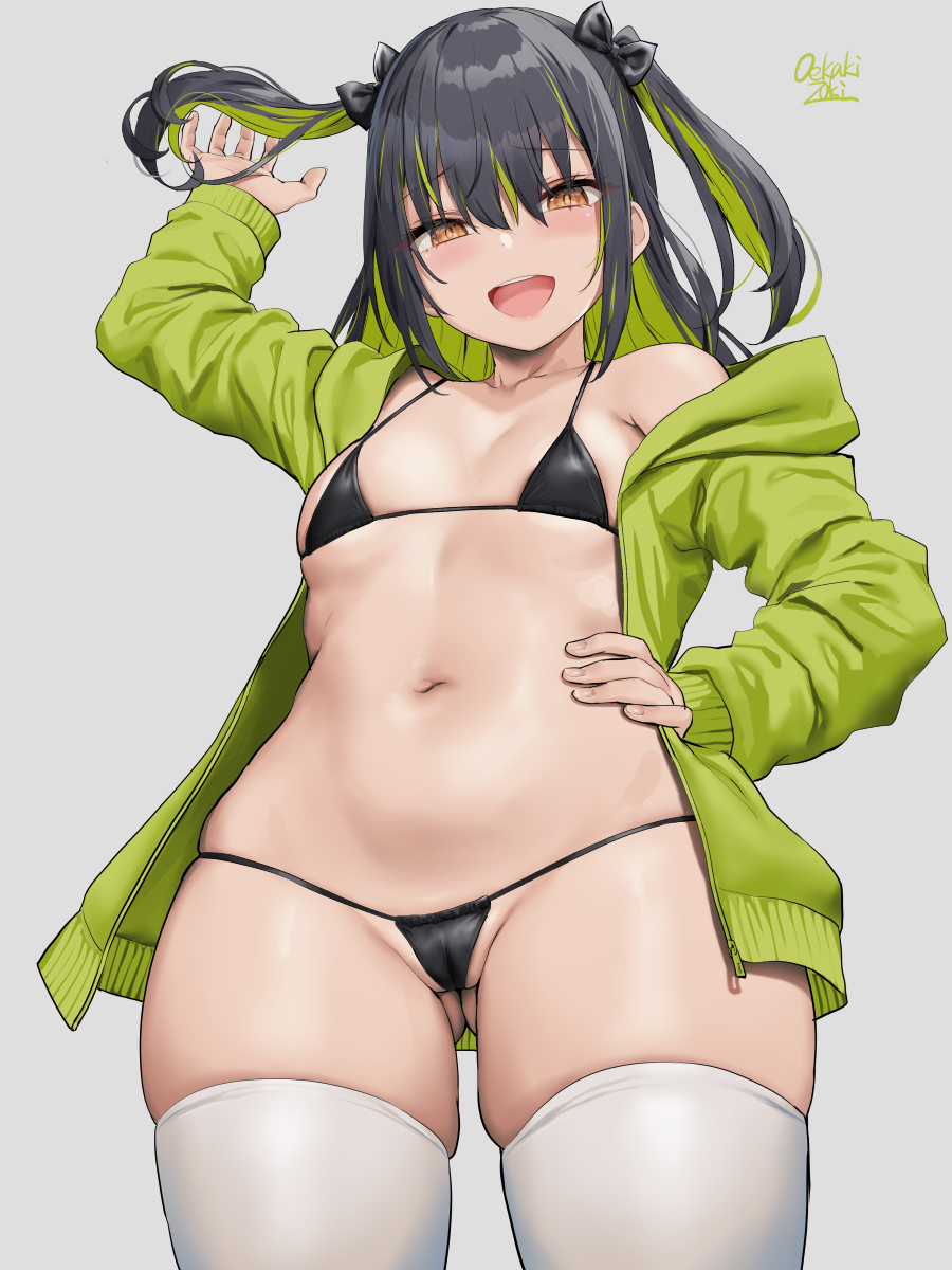 1girls, ass visible through thighs, bangs, bikini, black bikini, black hair, blush, breasts, brown eyes, cowboy shot, eyebrows visible through hair, female, from below, gluteal fold, green hair, green jacket, grey background, hand on hip, highres, jacket, large breasts, long hair, long sleeves, looking at viewer, micro bikini, multicolored hair, navel, oekakizuki, open mouth, original, simple background, small breasts, smile, solo, swimsuit, thighhighs, thighs, two side up, white legwear