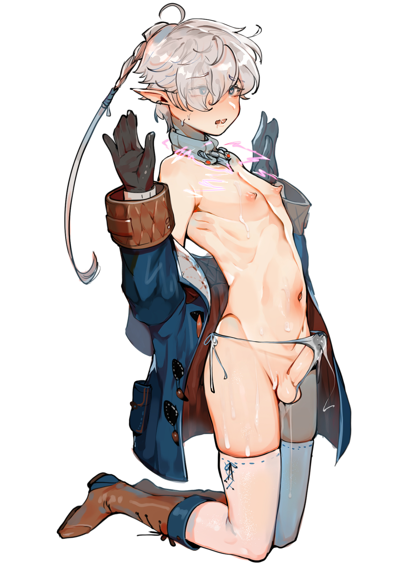 1boy, alphinaud leveilleur, balls, blue eyes, byebyefrog, cum, cumming, electric shock, eyebrows visible through hair, femboy, feminine male, final fantasy, final fantasy xiv, footwear fetish, gloves, kneeling, male, navel, nipples, open mouth, penis, pointy ears, ponytail, short hair, solo, solo focus, solo male, square enix, stockings, sweat, white hair