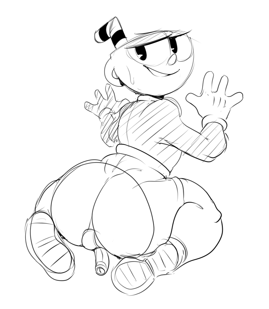 1boy ass big_ass clothed/nude cuphead cuphead_(game) detnox fat_ass femboy footwear gloves half-closed_eyes handwear male male_only penis sketch solo solo_male thick_thighs white_background