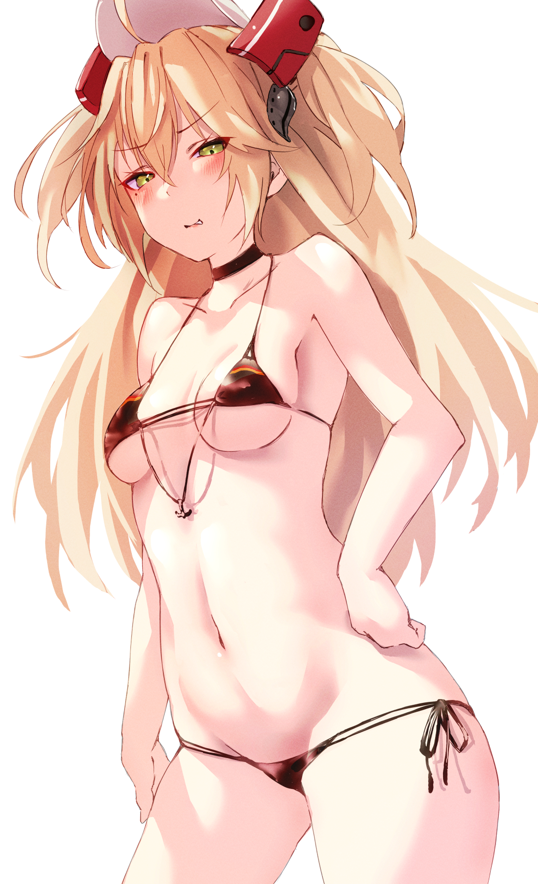 admiral hipper (azur lane), alexi oekaki, azur lane, bikini, black bikini, black choker, blush, breasts, choker, collarbone, cowboy shot, female, green eyes, hand on hip, highres, light brown hair, long hair, looking at viewer, micro bikini, navel, parted lips, short twintails, side-tie bikini, simple background, small breasts, solo, swimsuit, twintails, underboob, white background