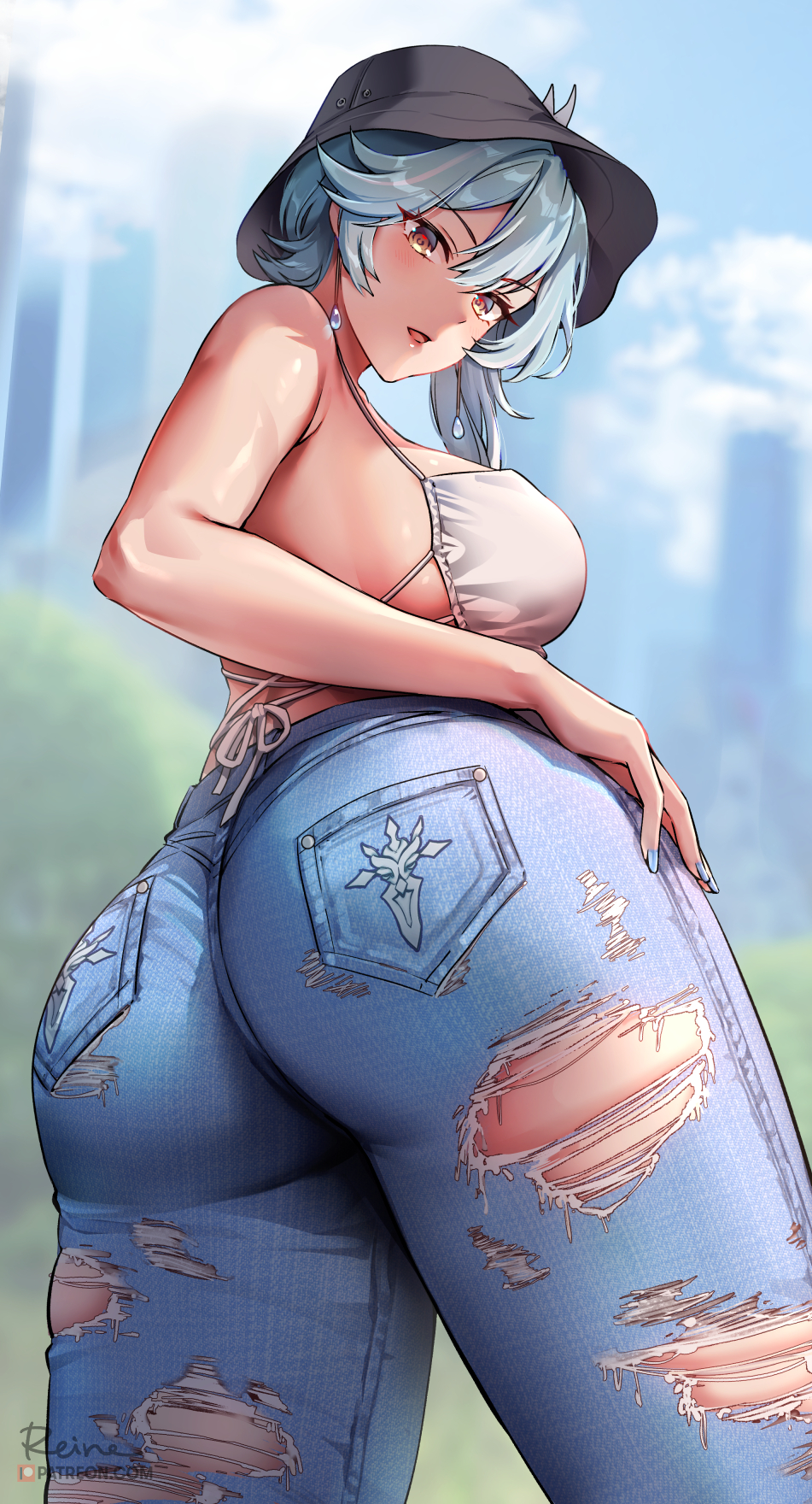1girls, 2022, alternate version available, anime style, artist signature, ass, ass focus, ass shot, asymmetrical hair, back, back view, big ass, big breasts, bikini top, blue hair, blurry background, breasts, bubble ass, bubble butt, casual clothes, earrings, eula (genshin impact), female, female only, foxy rain (foxyreine), foxyrain (foxyreine), foxyreine, genshin impact, hat, hi res, hips, huge ass, huge breasts, jeans, long hair, looking at viewer, outdoors, rear view, ripped clothing, sideboob, slim waist, thick thighs, thighs, white bikini top, wide hips, yellow eyes