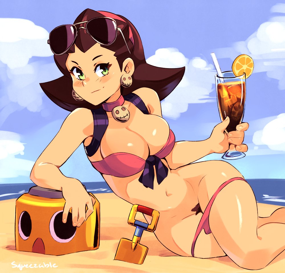 1girls aged_up artist_signature beach big_breasts bikini blush breasts brown_hair busty capcom cleavage crossed_legs ear_ring ear_rings holding_drink holding_glass holding_object ice iced_tea large_breasts leaning legs_crossed lemon mega_man mega_man_legends necklace outdoors partially_clothed pubes_exposed pubic_hair pubic_hair_peek rockman rockman_dash sensual servbot shovel smile solo squeezable straw sunglasses sunglasses_on_head sunglasses_removed tron_bonne voluptuous