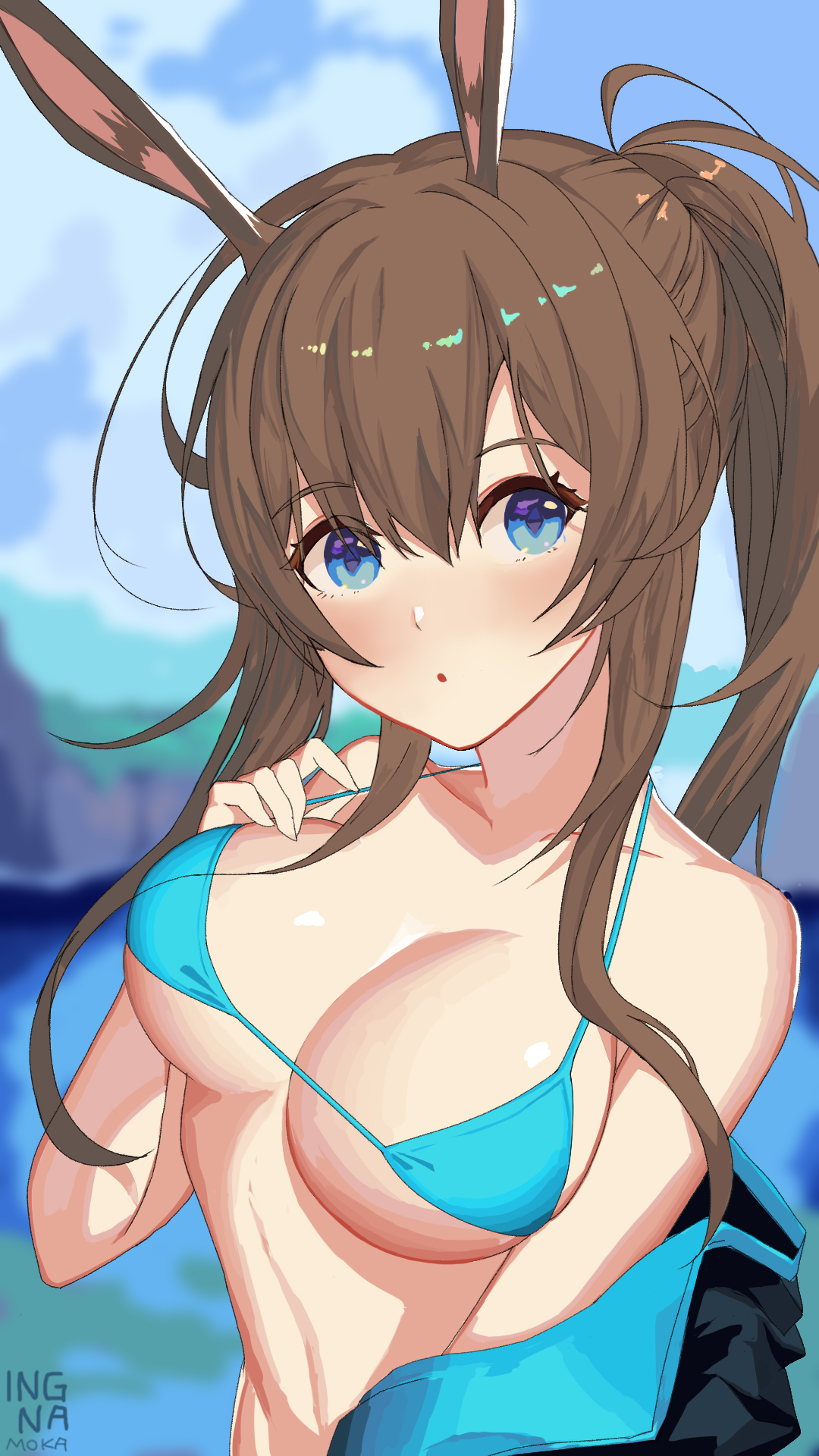amiya (arknights), animal ears, aqua bikini, arknights, artist name, bangs, bikini, black jacket, blue bikini, blue eyes, blurry, blurry background, blush, breasts, brown hair, bunny ears, cleavage, collarbone, female, female focus, hair between eyes, highres, jacket, large breasts, long hair, long sleeves, looking at viewer, open clothes, open jacket, outdoors, ponytail, rabbit ears, sidelocks, solo, swimsuit, team moka, underboob