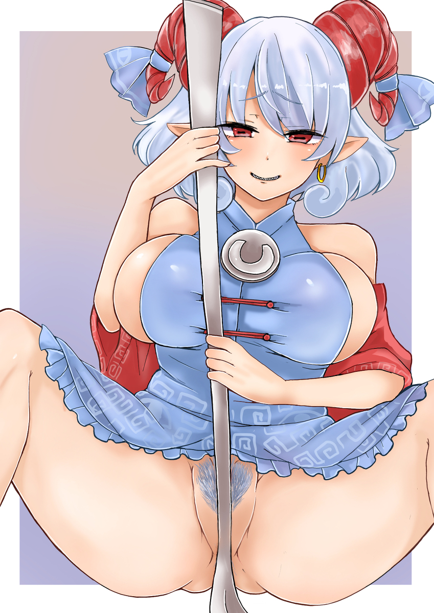 1girls blush breasts earrings female female_pubic_hair goat_horns horns no_panties pointy_ears pubic_hair red_eyes short_hair silver_hair solo solo_female touhou washiwa yuuma_toutetsu