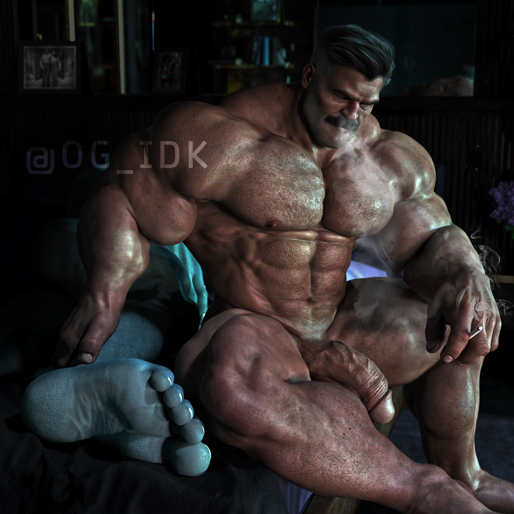 3d 3d_(artwork) abs big_muscles big_pecs big_penis blue_skin body_hair cigarette circumcised dilf feet flaccid hairy_chest half-erect invincible invincible_(comics) male_only manly mauler_twins moustache muscular_male nolan_grayson og_idk omni-man pecs smoke smoking tagme