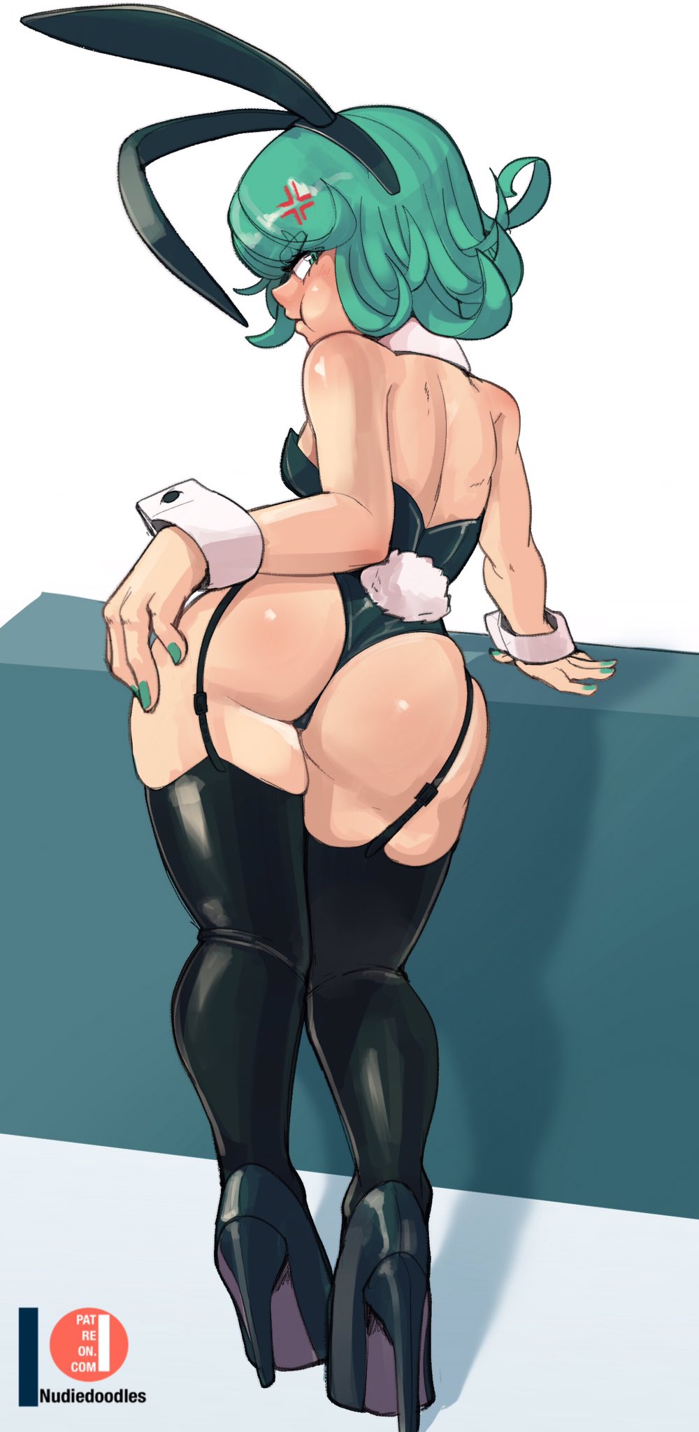 1girls, annoyed, ass, big ass, big butt, blush, breasts, bunny ears, bunny girl, bunny tail, bunnysuit, female, garter belt, green eyes, green fingernails, green hair, high heels, large ass, leotard, looking at viewer, looking back, nudiedoodles, one-punch man, pout, presenting, puffed cheeks, shoes, short hair, simple background, solo, solo female, stockings, tatsumaki, thighhighs, tsundere, white background