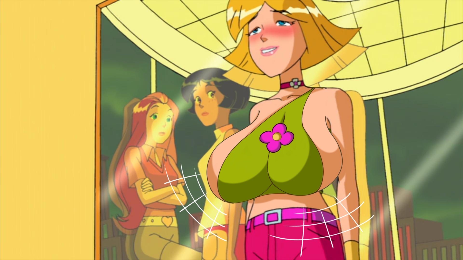 3girls, accurate art style, alex (totally spies), big breasts, black hair, blonde hair, blush, blushing, breast expansion, breast growth, breast growth (enlargement), breasts, breasts bigger than head, breasts bigger than torso, clover (totally spies), dark skin, edit, expansion, female, female only, group, hourglass figure, huge breasts, human, hyper breasts, light skin, looking at another, looking pleasured, motion lines, multiple females, multiple girls, overflowing breasts, red hair, rokasta1 (artist), sam (totally spies), screencap, screenshot, screenshot edit, sideboob, tagme, tight clothing, tight fit, totally spies