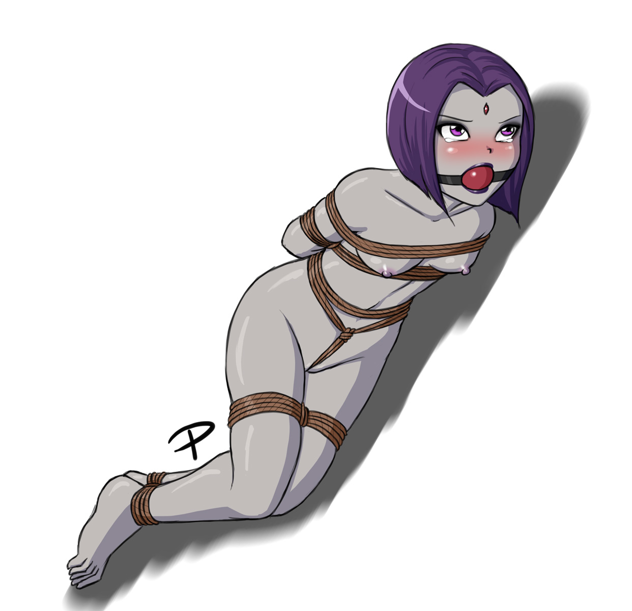 arms behind back, ball gag, blush, bondage, breasts, captured, crotch rope, dc, dc comics, demon, demon girl, feet, female, femsub, forced, gag, gagged, goth, goth girl, helpless, kidnapped, legs, lipstick, naked, nipples, nude, piroro, purple eyes, purple hair, rachel roth, raven (dc), restrained, rope bondage, short hair, tears, teen titans, thighs