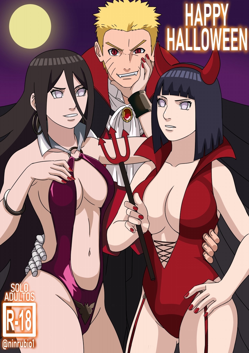 1boy, 2girls, blonde hair, boruto: naruto next generations, brother in law and sister in law, brown hair, comic, costume, devil girl, dialogue, female, halloween, hyuuga hanabi, hyuuga hinata, male, male/female/female, multiple females, multiple girls, nail polish, naruto, naruto (series), ninrubio, purple hair, red eyes, revealing clothes, sisters, story, swingers, uzumaki hinata, uzumaki naruto, vampire, violet eyes