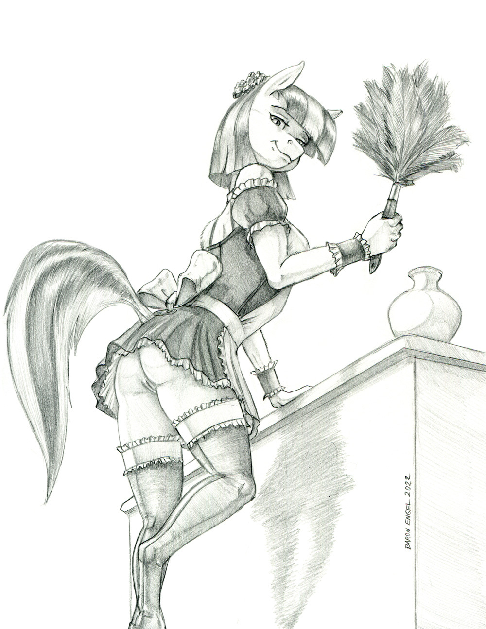 anthro ass baron_engel bottomwear cleaning_tool clothed clothing coco_pommel_(mlp) dock earth_pony equid equine feather_duster female friendship_is_magic genitals graphite_(artwork) greyscale hasbro hi_res horse looking_at_viewer looking_back looking_down maid_uniform mammal monochrome my_little_pony no_underwear pencil_(artwork) pony pussy simple_background skirt smile solo thick_thighs traditional_media_(artwork) unguligrade_anthro uniform upskirt white_background