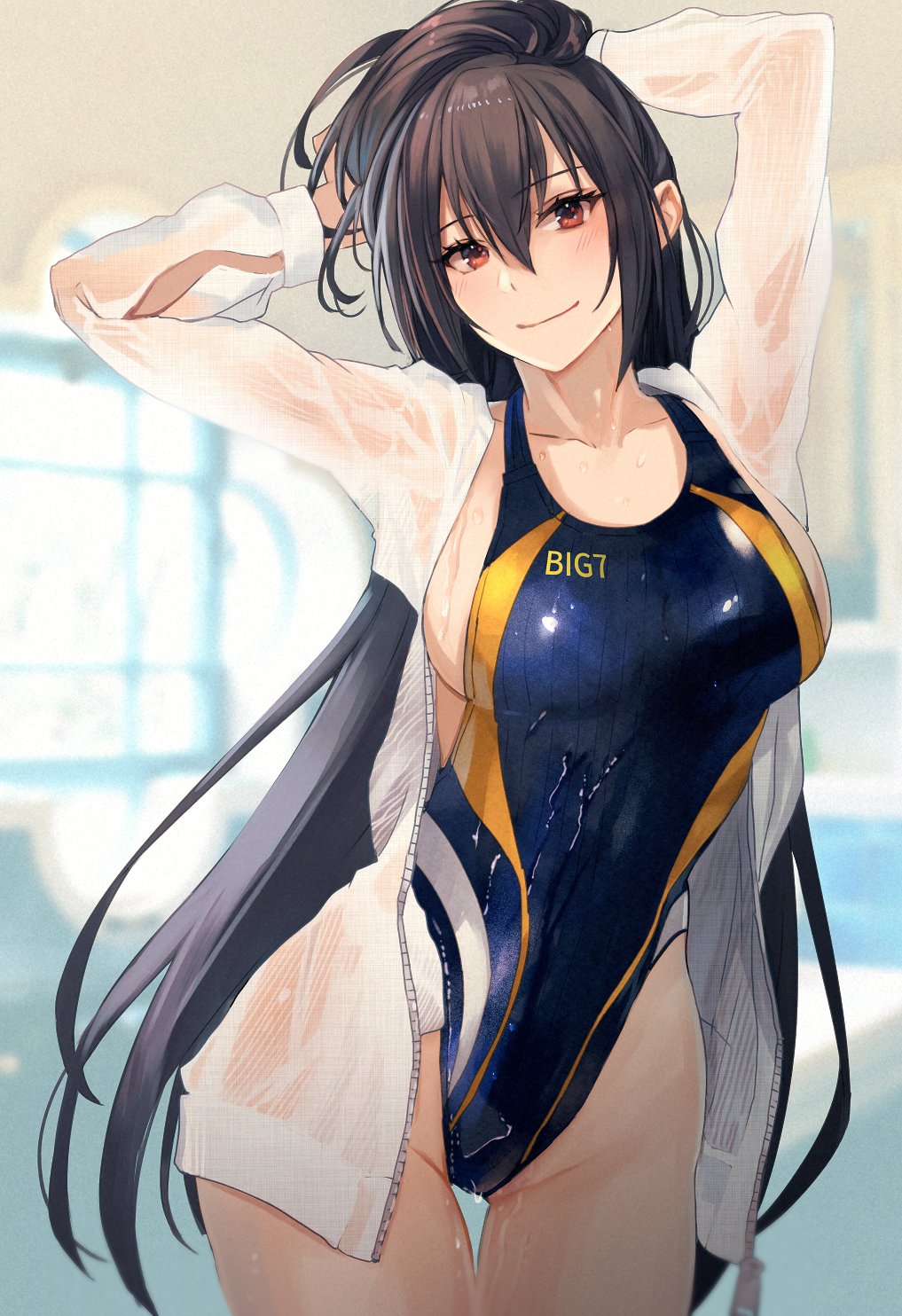 1girls big_breasts black_hair female female_focus kantai_collection kasumi_(skchkko) long_hair looking_pleasured nagato_(kantai_collection) open_shirt ponytail swimsuit thick_thighs wet_clothes