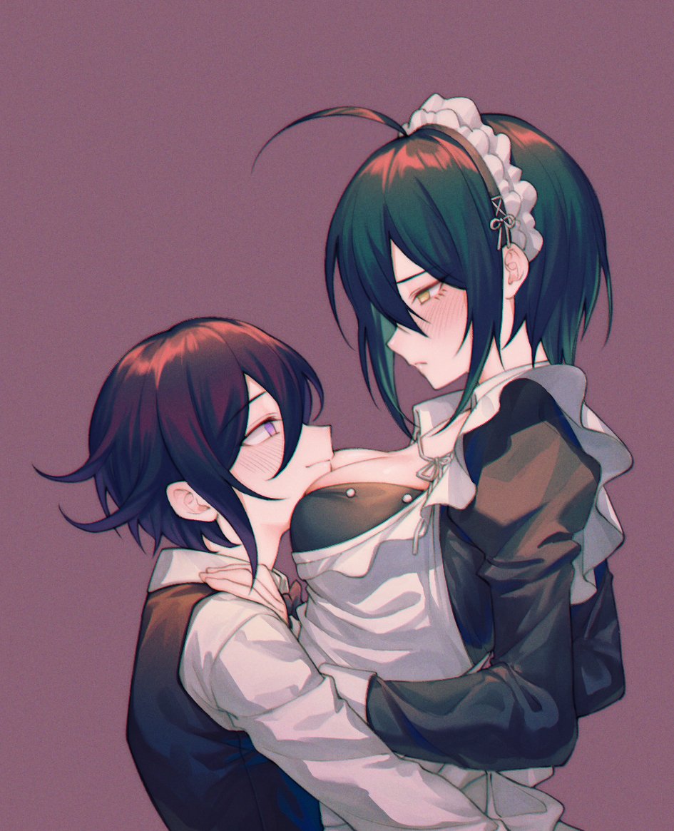 1boy, 1girls, between breasts, big breasts, blue hair, blush, breasts, cleavage, danganronpa, danganronpa v3, ewa (seraphhuiyu), female, genderswap, genderswap (mtf), looking at another, maid, maid headdress, maid uniform, male, male/female, ouma kokichi, pale skin, purple eyes, purple hair, rule 63, saihara shuuichi, shy, smaller male, straight, straight hair, yellow eyes