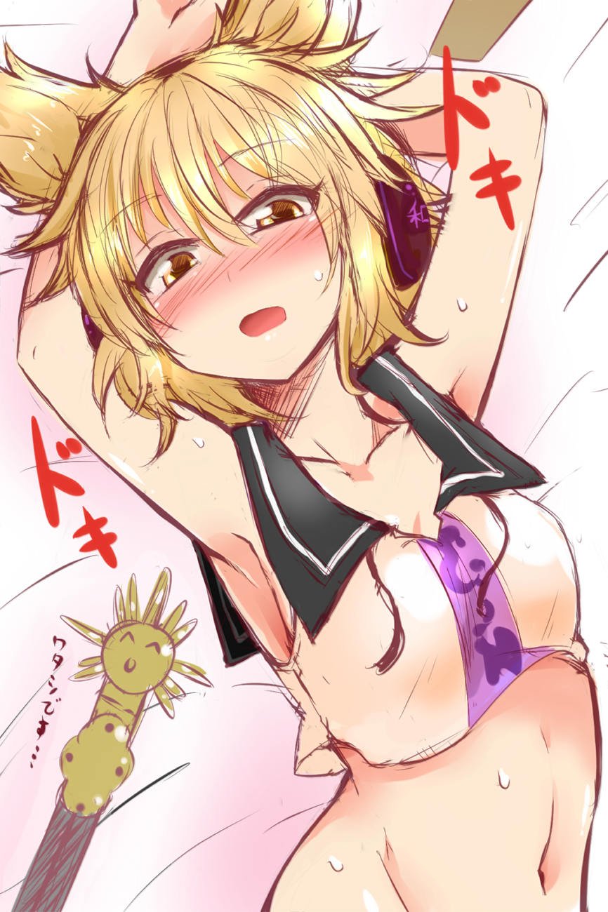 1girls armpits arms_up belly_button blonde_hair blush breasts clothed crop_top headphones looking_at_viewer lying navel open_mouth roki_(hirokix) sheets short_hair small_breasts solo sweat sword touhou toyosatomimi_no_miko yellow_eyes yellow_hair