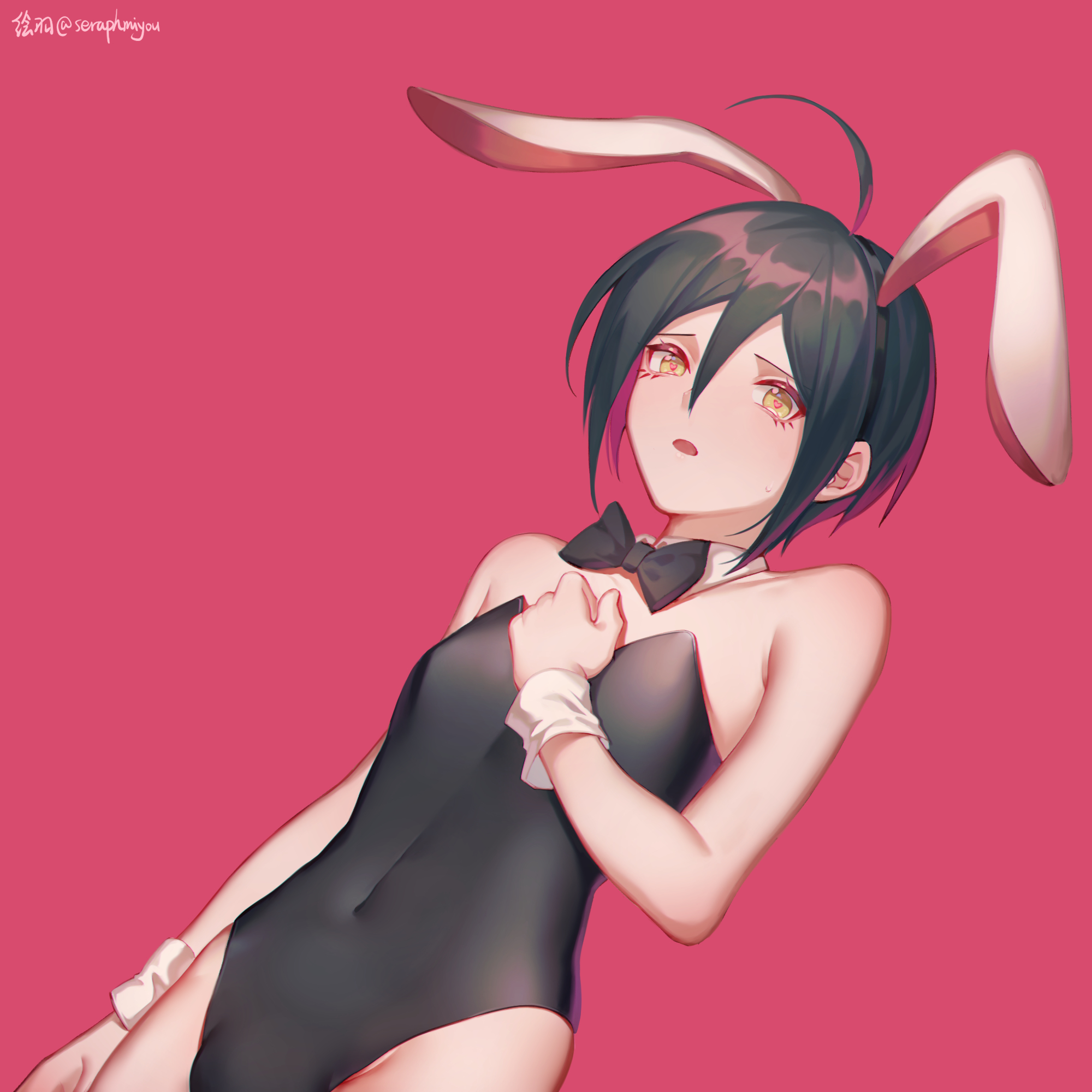 1boy, black hair, bow, bunny boy, bunny ears, bunnysuit, danganronpa, danganronpa v3, ewa (seraphhuiyu), femboy, heart-shaped pupils, light skin, looking at viewer, male, male only, navel, saihara shuuichi, slim, solo, straight hair, yellow eyes