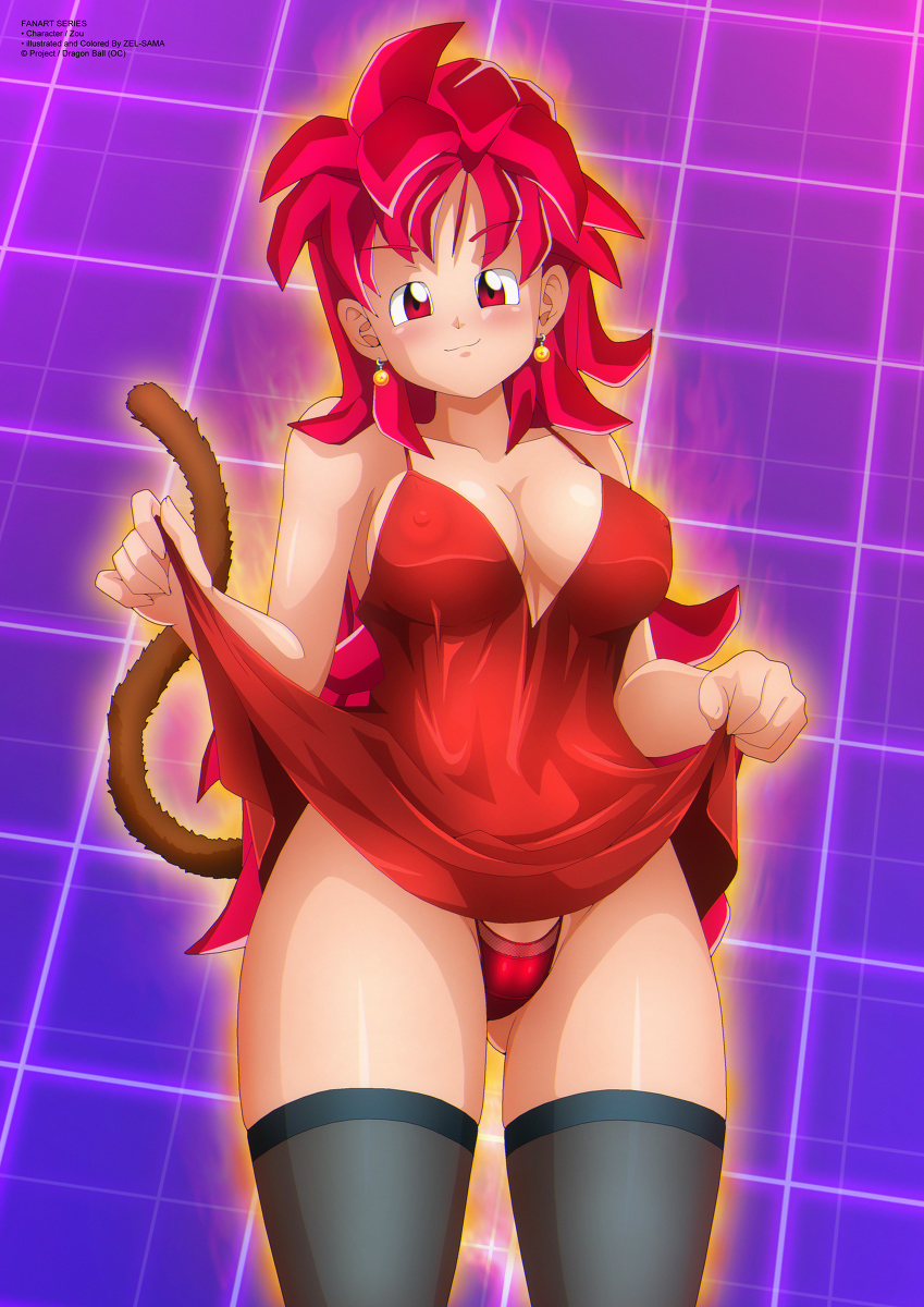 aura blush breasts commission commissioner_upload dragon_ball dragon_ball_(object) dragon_ball_gt dragon_ball_heroes dragon_ball_super dragon_ball_xenoverse dragon_ball_z dress_lift earrings eyebrows_visible_through_hair female female female_only female_saiyan large_breasts long_hair messy_hair monkey_tail nipples oc original original_character purple_background red_dress red_eyes red_hair red_panties saiyan saiyan_tail shounen_jump solo solo_female super_saiyan_god tail thighhighs zel-sama zou_(dragon_ball_xenoverse)