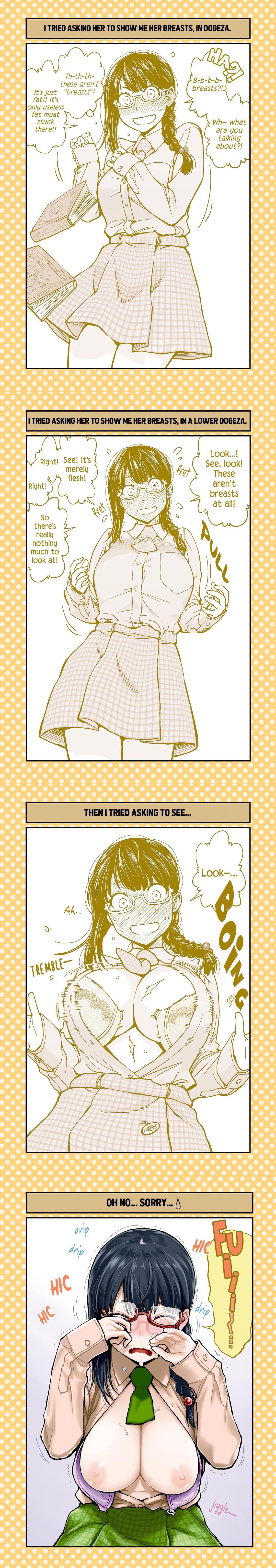 1girls, 4koma, accidental exposure, big breasts, black hair, blush, blushing, blushing profusely, bra, breasts, clothing, crying, dogeza de tanondemita, embarrassed, embarrassed nude female, enf, english text, exposed breasts, female, female focus, glasses, humiliation, large breasts, male, mostly clothed, official art, offscreen character, offscreen male, school uniform, schoolgirl, speech bubble, text, translated, wardrobe malfunction