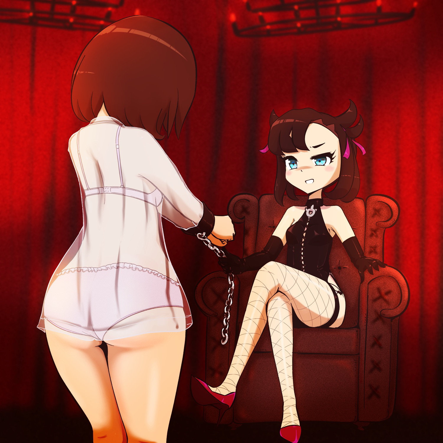 aged up, ass, bare shoulders, bedroom eyes, blush, bondage, bondage gear, bondage outfit, brown hair, chain pull, chained, chained wrists, chains, dominatrix, dungeon, elbow gloves, female, femdom, femsub, fishnet legwear, fishnets, game freak, garter belt, garter straps, gloria (pokemon), high heels, latex, latex gloves, latex suit, leash pull, leotard, lezdom, lezsub, looking at partner, marnie (pokemon), microsd (artist), nintendo, pokemon, pokemon ss, red high heels, restrained, restrained arms, thick ass, thick thighs, throne, translucent clothing, underwear, yuri