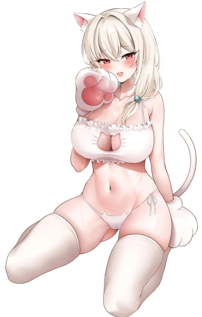 :3, ass, big breasts, blonde hair, blush, breasts, cat ears, cat girl, cat humanoid, cat lingerie, cat paws, cat tail, catgirl, ear fluff, female, heart, heavy breathing, huge ass, huge breasts, lingerie, looking at viewer, neko, open mouth, red eyes, shiny skin, small waist, sweat, thick thighs, thigh high socks, thigh highs, thighhighs, white ears, white fur, white lingerie, white tail, white thigh socks, white thighhighs, worried, worried expression