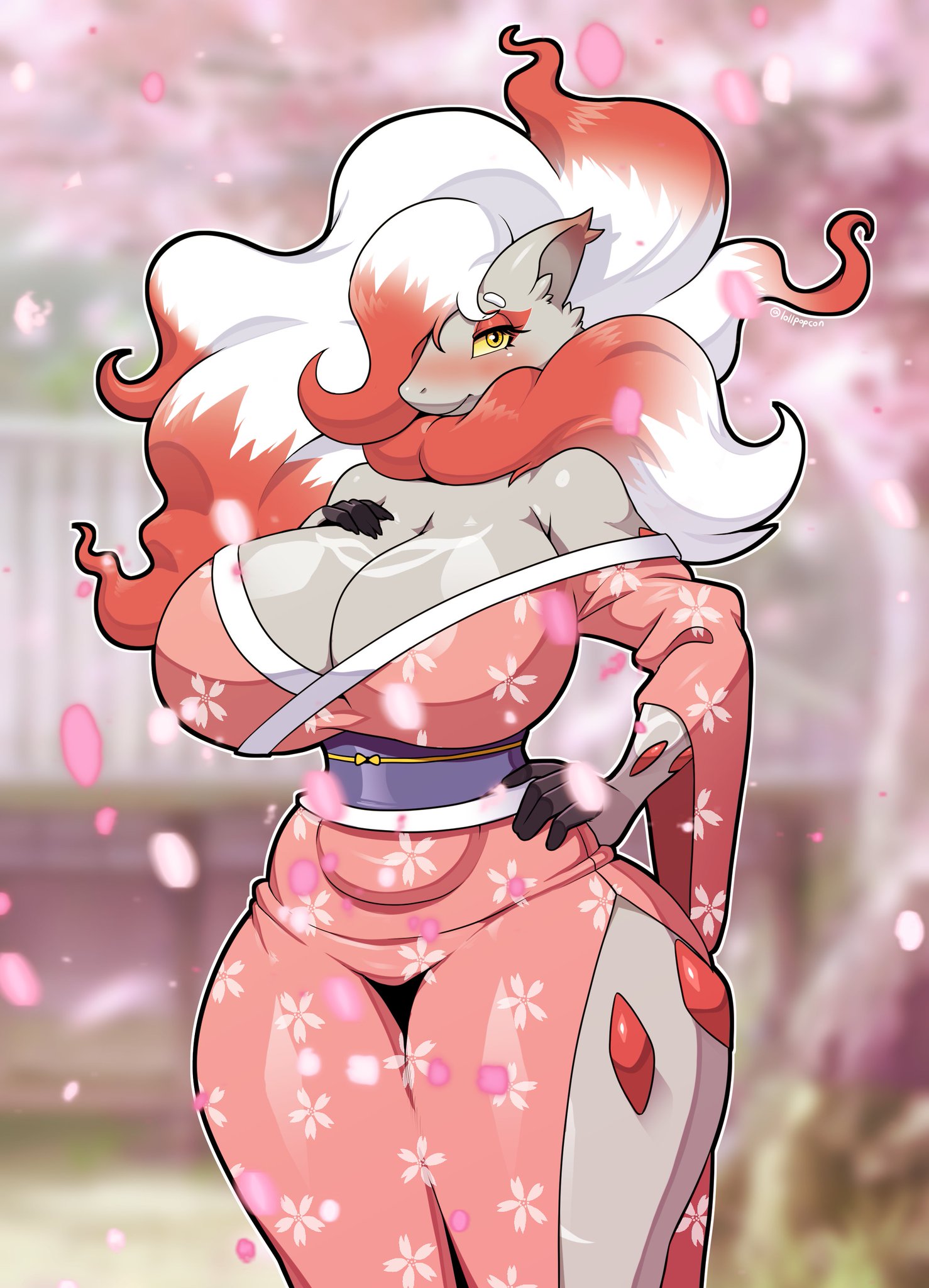 anthro, big breasts, breasts, female, game freak, hisuian zoroark, lollipopcon, nintendo, outdoors, pokémon (species), pokemon, pokemon (species), pokemon legends: arceus, solo, solo female, tagme, thick thighs, thighs, voluptuous, zoroark