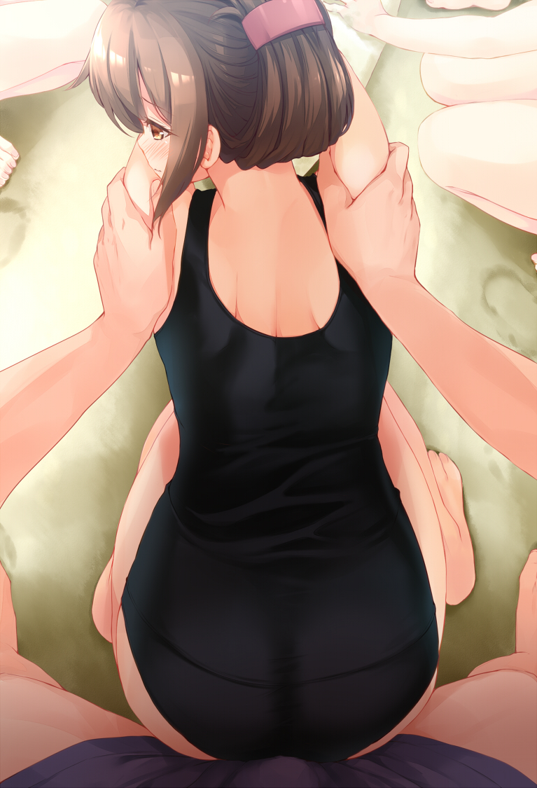 ass back bare_arms barefoot black_swimsuit blush brown_eyes brown_hair bulge buttjob erection erection_under_clothes feet female folded_ponytail from_behind grinding holding_another's_arm humping inazuma_(kantai_collection) kantai_collection komone_ushio long_hair looking_back male_swimwear one-piece_swimsuit out_of_frame petite pov sand school_swimsuit shoulder_blades solo_focus squatting straight swim_trunks swimsuit swimwear thighs