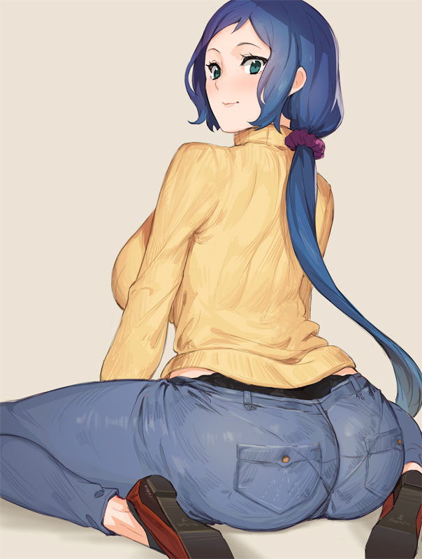 ass big_ass big_butt breasts ekao gundam gundam_build_fighters iori_rinko jeans milf mom_jeans panty_peek pantylines pixiv_sample ponytail sitting sweater tied_hair wariza