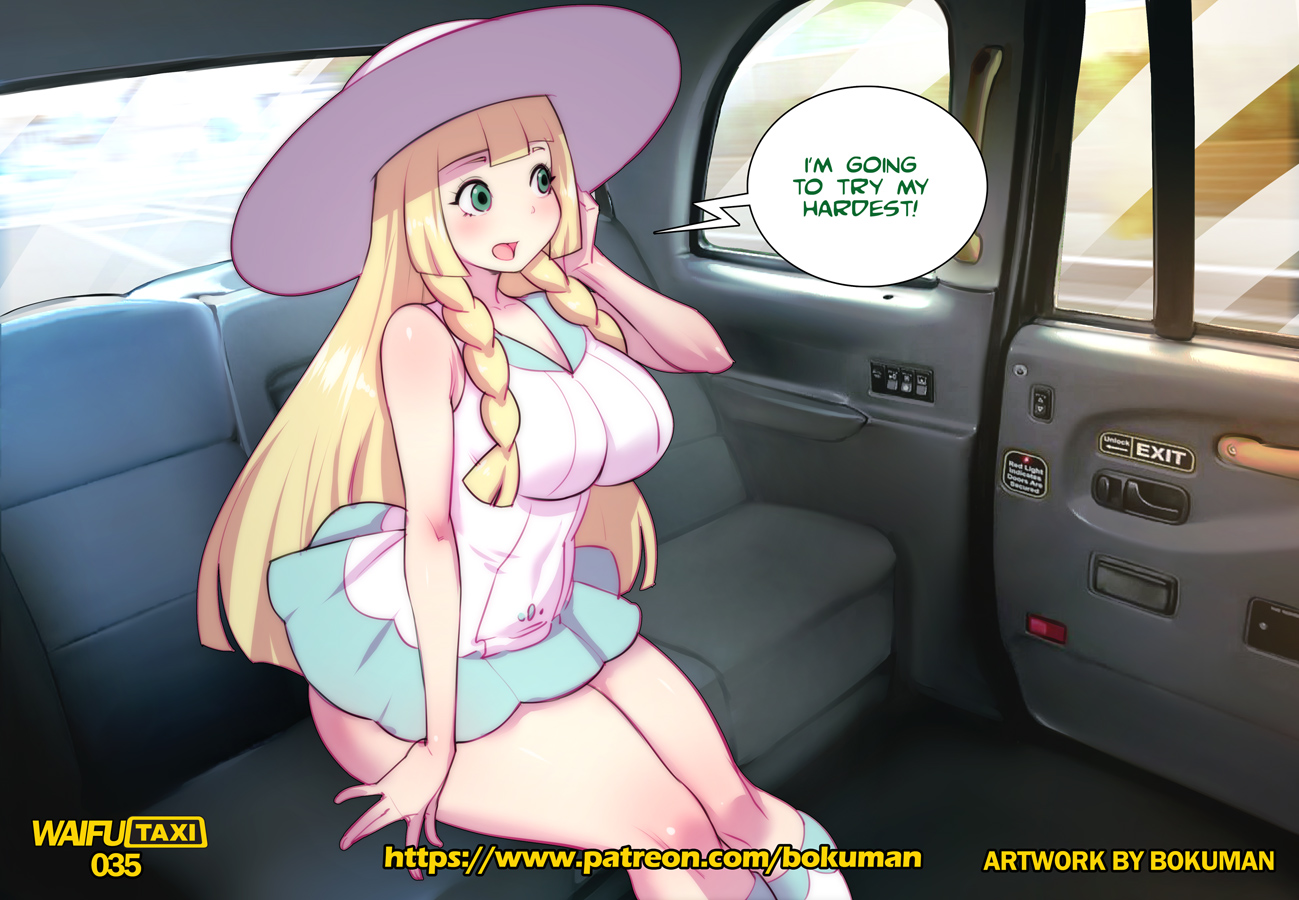 1girls, big breasts, blonde hair, blush, bokuman, breasts, fake taxi, female, female focus, game freak, green eyes, lillie (pokemon), long hair, nintendo, pokemon, pokemon sm, solo, speech bubble, text, thick thighs, thighs, tight clothing