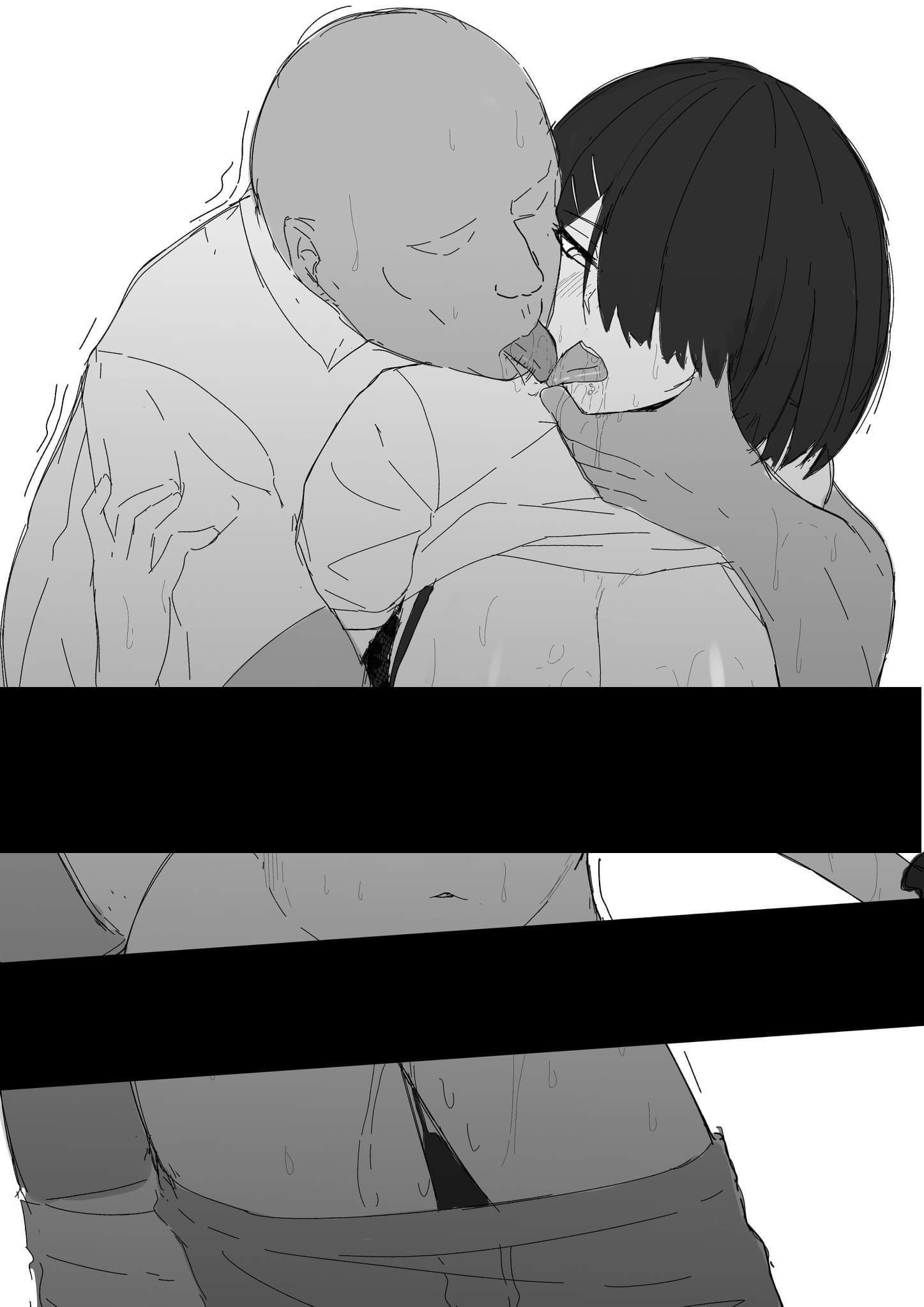 1boy bald bar_censor black_bar_censoring black_bars black_hair blush clothed_sex dark-skinned_male dark_skin ela_angraeni_(revian_samuel_dani) female french_kiss french_kissing greyscale hair_over_one_eye kissing kissing_while_penetrated legs_apart monochrome navel one_eye_covered original pants_down pants_pull revian_samuel_dani saliva school_uniform schoolgirl schoolgirl_uniform sex_from_behind short_hair short_sleeves skirt_pull standing_sex stomach sweat tongue_kiss tongue_out tongue_to_tongue upper_teeth white_shirt