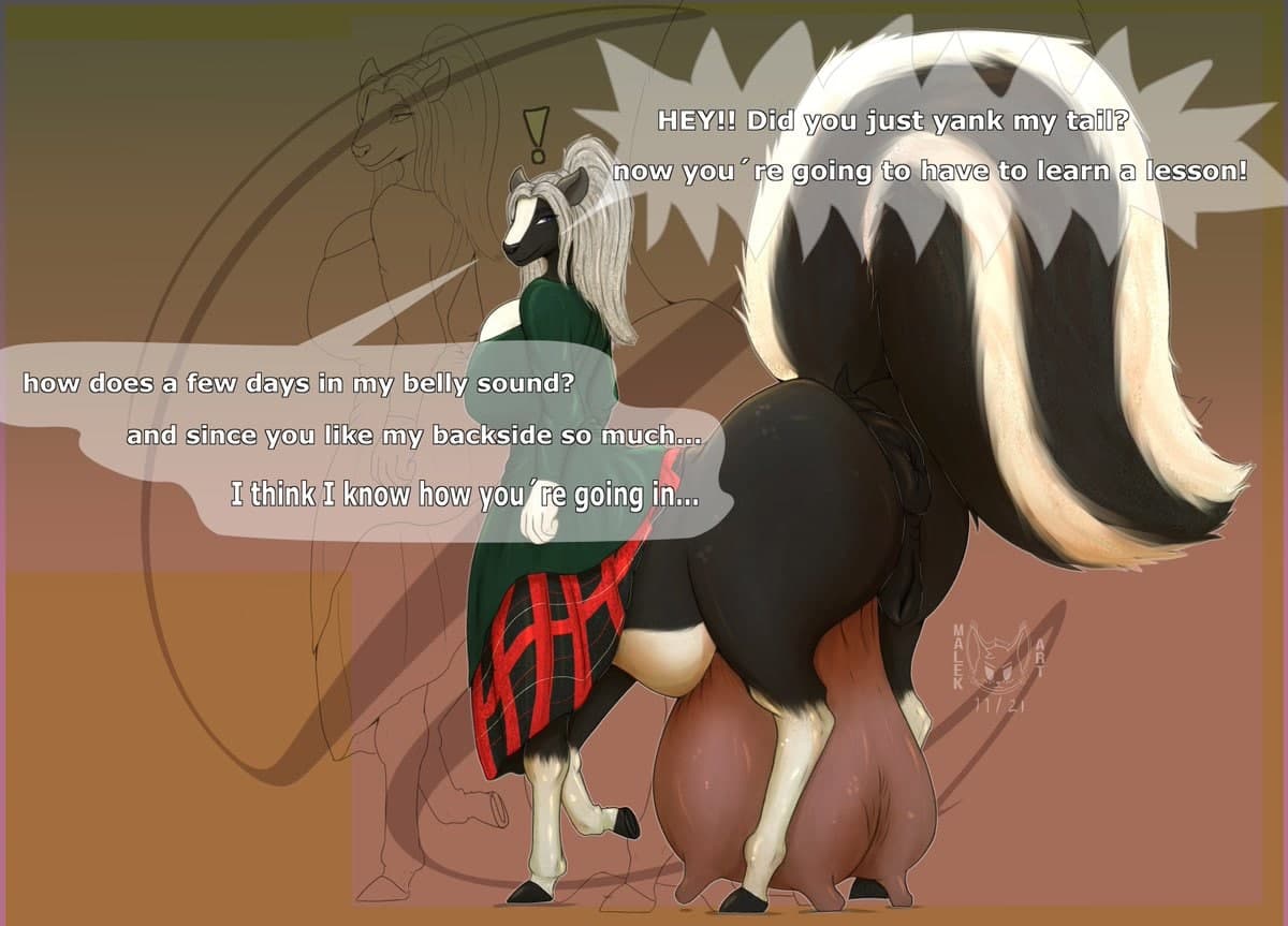 animal_genitalia ass black_body black_fur breasts clothed clothing digital_drawing_(artwork) digital_media_(artwork) english_text female fluffy fluffy_tail fur genitals hair hyper looking_at_viewer looking_back malekart mammal mephitid nude pussy shaded signature skunk taur teats text udders