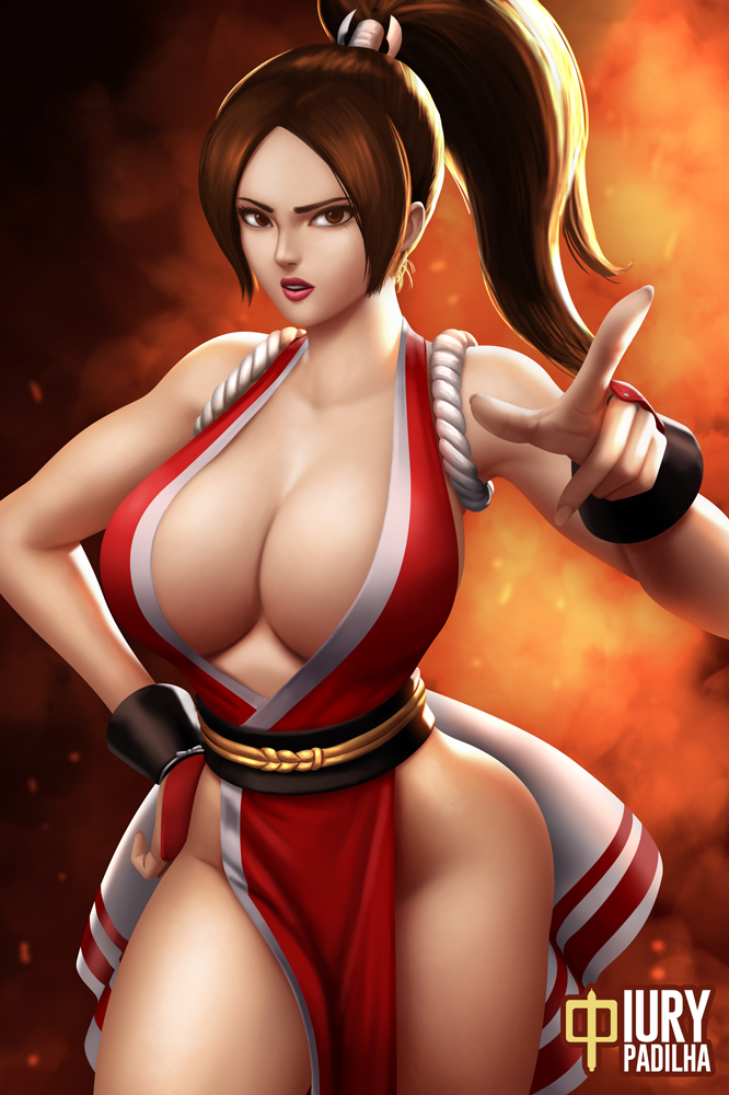 1girls arm_guards artist_name artist_signature bare_shoulders breasts brown_eyes brown_hair bursting_breasts cleavage collarbone enormous_breasts fatal_fury female female_fighter female_ninja female_only female_warrior finger_pointing fire fire_background fully_clothed hand_on_hip hi_res high_resolution highres huge_breasts inner_sideboob iury_padilha japanese_clothes kimono king_of_fighters kunoichi lips lipstick long_hair looking_at_viewer mai_shiranui makeup massive_breasts matching_hair/eyes matching_hair_and_eye_color matching_hair_and_eyes no_bra no_panties obi parted_lips pelvic_curtain pointing pointing_at_viewer ponytail revealing_clothes rope sash single_female single_girl sleeveless snk solo solo_female sparks thick_thighs thighs upper_teeth voluptuous white_sash