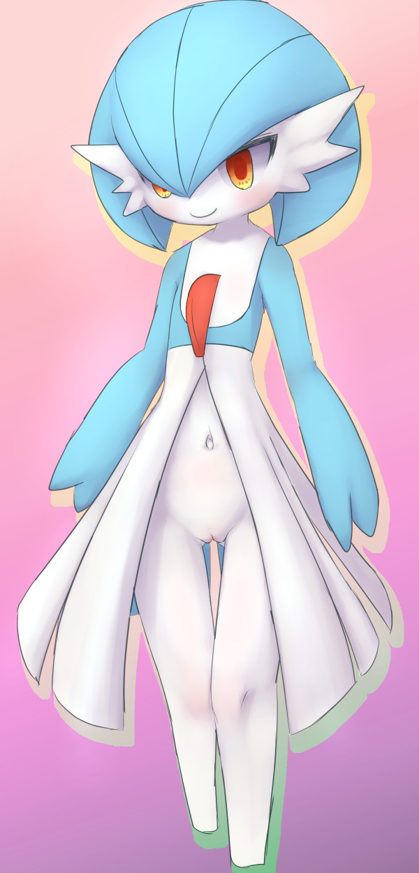 anthro blue_body bunnag female gardevoir genitals hi_res navel nintendo pink_background pokémon_(species) pokemon pokemon_(species) pussy shiny_gardevoir shiny_pokemon simple_background solo standing video_games white_body