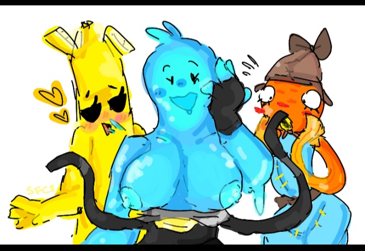 banana blue_blush blue_body blue_breasts blue_nipples blue_slime blush fingers fish fishstick_(fortnite) fortnite fortnite:_battle_royale gloves overalls peely rippley_(fortnite) rule_63 sfc slurp_(fortnite) slurp_juice tagme translucent translucent_body