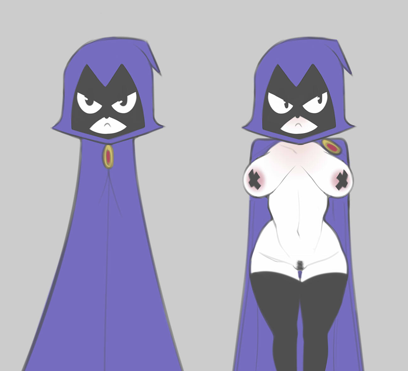 1girls, bottomless, breasts, busty, cloak, dc, dc comics, digitalhtoy, exhibitionism, female, female focus, female only, flashing, flashing breasts, hood, hooded cloak, hourglass figure, light skin, light-skinned female, medium breasts, navel, pale skin, pale-skinned female, pasties, pubes, pubic hair, rachel roth, raven (dc), smooth skin, solo, teen titans, thighhighs, trimmed pubic hair, wide hips