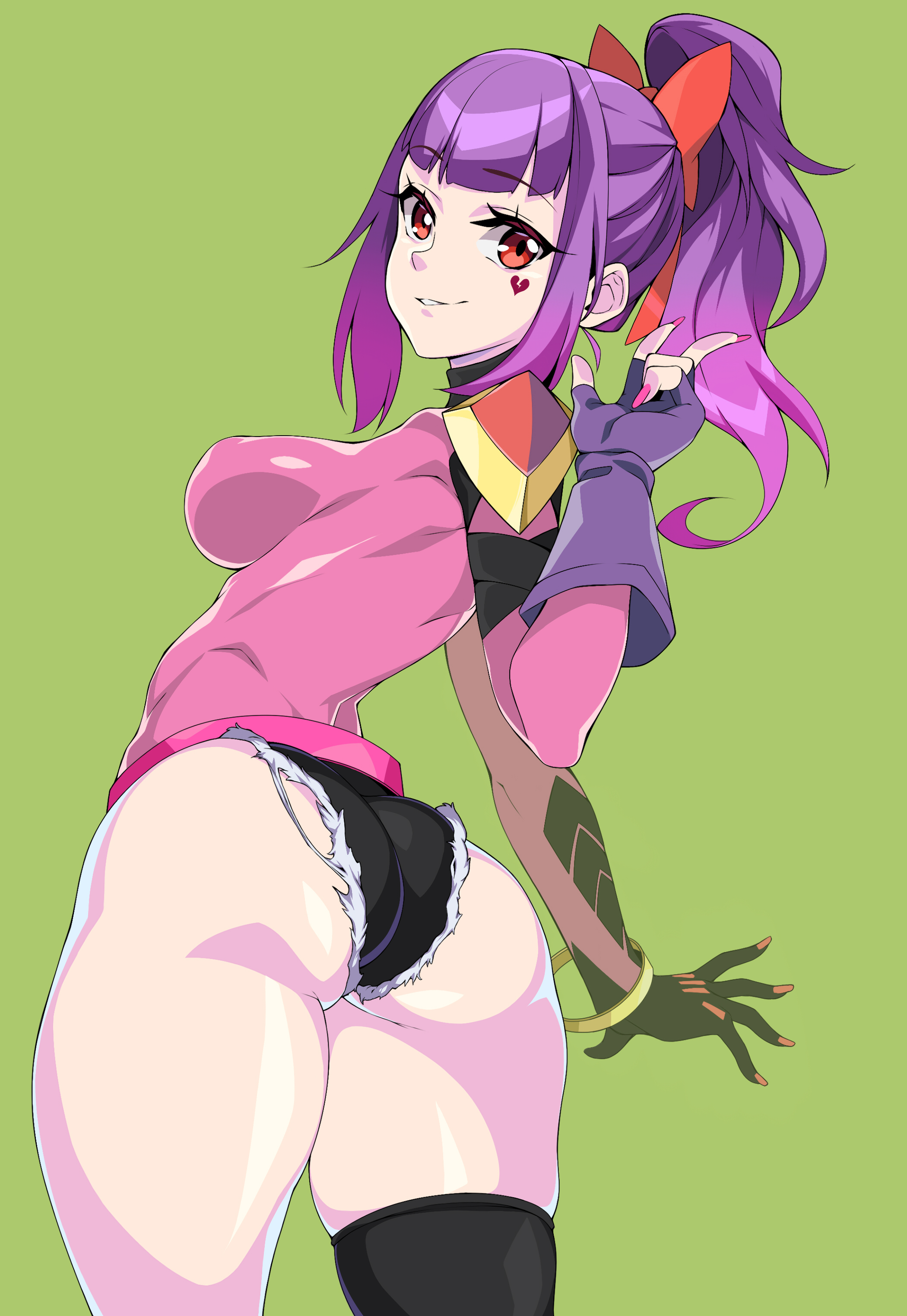 1girls, ass, cowboy shot, female, fortnite, fortnite: battle royale, gloves, iogrunt, looking back, purple hair, red eyes, ribbon, short shorts, solo, tracy trouble (fortnite), v sign