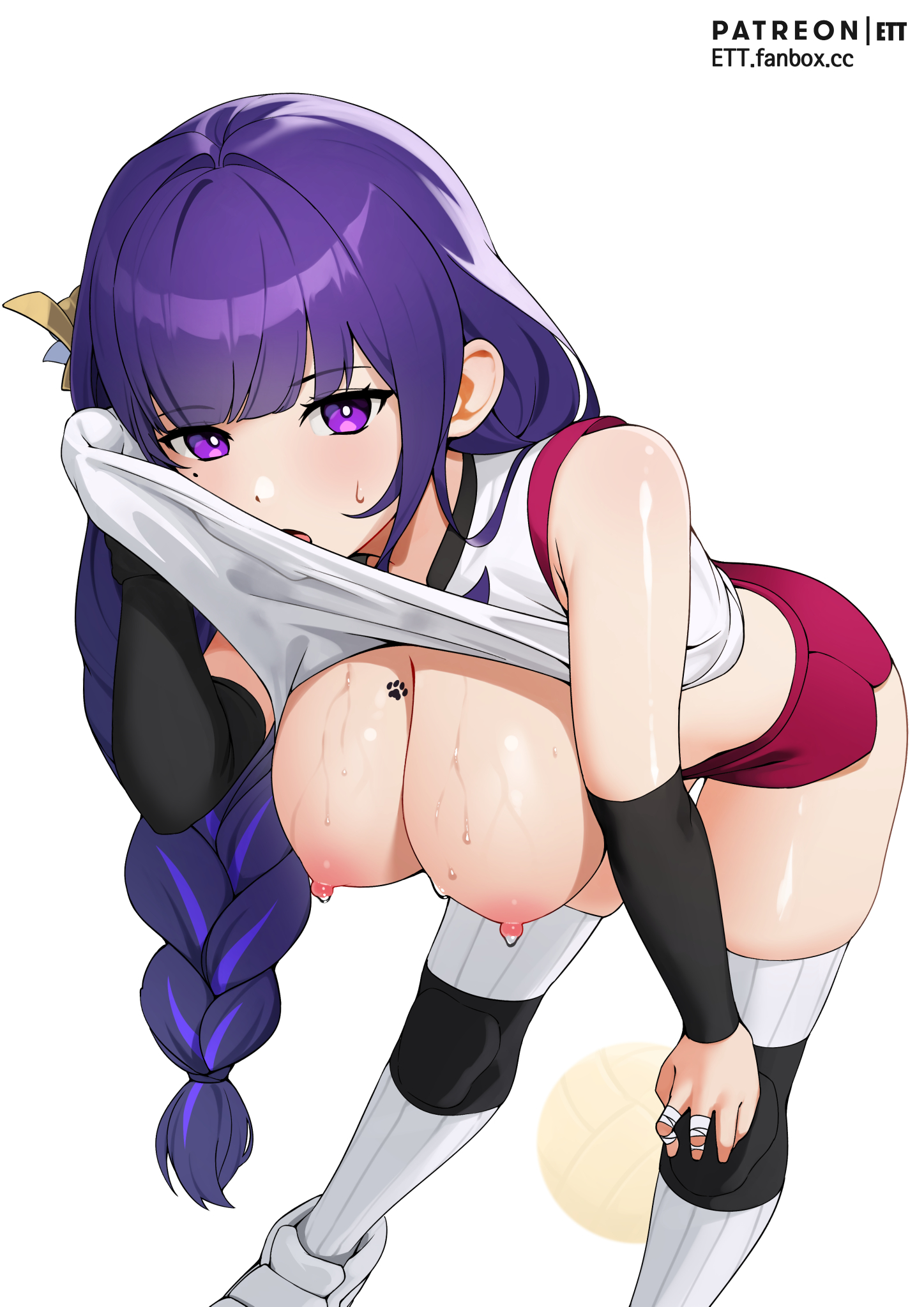 1girls, bent over, blush, breasts, busty, erect nipples, ett, exposed breasts, female, flashing breasts, genshin impact, hi res, leaning, leaning forward, lifted by self, nipples, no bra, pawprint, purple eyes, purple hair, raiden shogun, shirt lift, shorts, sportswear, sweat, thighhighs
