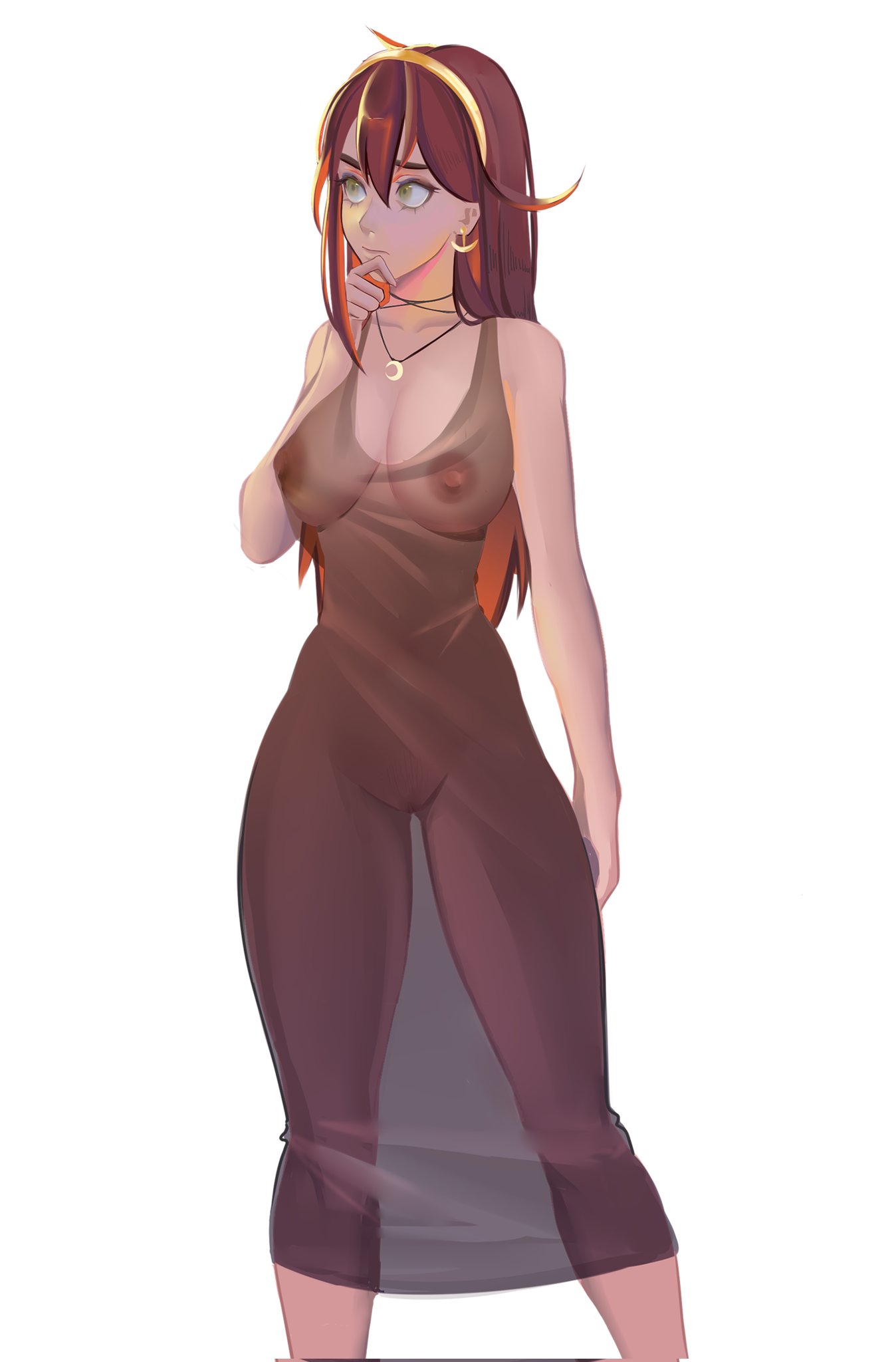 big areola, borrowed character, casual, clothing, dark skin, dark-skinned female, dress, female, hip dips, human, moran696, neckwear, pale skin, see-through, see-through clothing, skin tight, thick thighs, tsona (nyantcha)