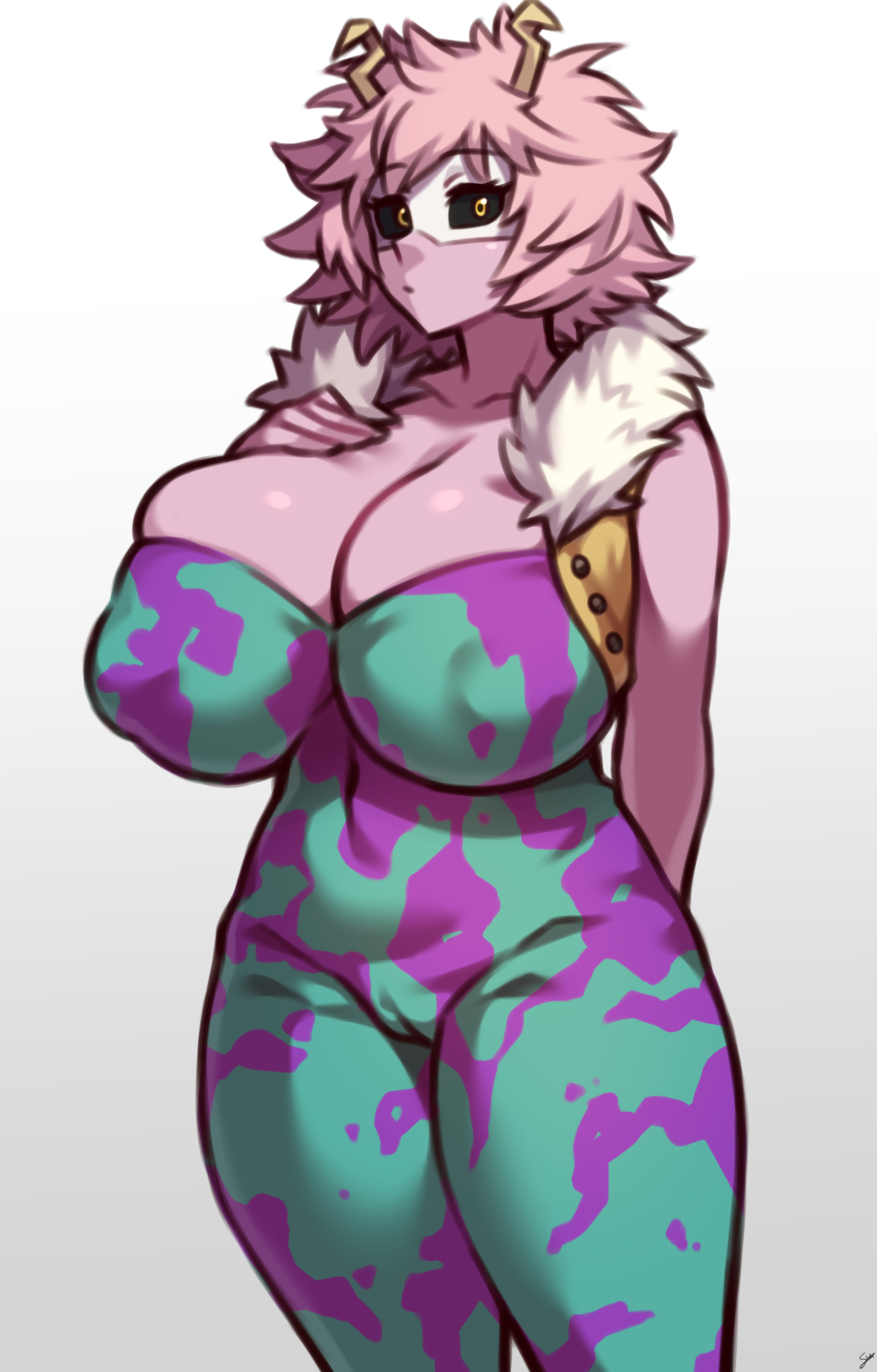 1girls, alternate breast size, big breasts, black sclera, bodysuit, breasts, clothed, clothed female, coffeelove68, female, female only, hero outfit (mha), huge breasts, mina ashido, my hero academia, pink hair, pink skin, solo, solo female, thick thighs, white background